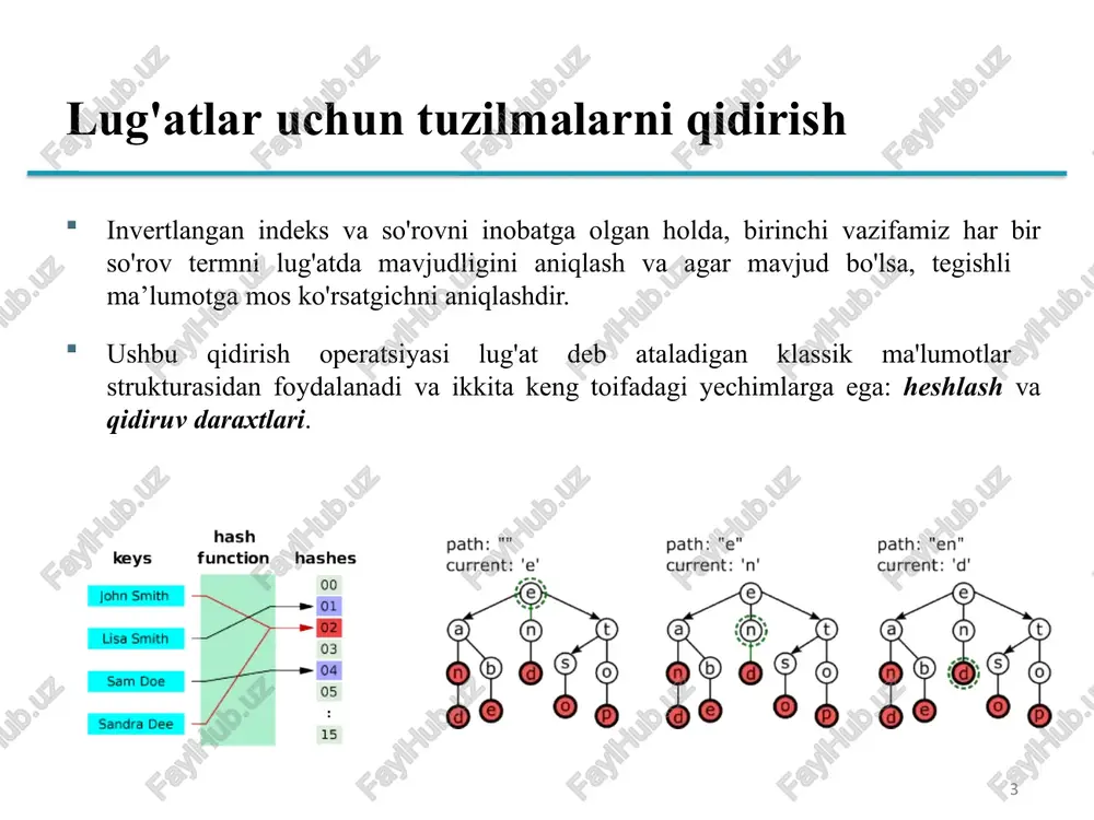 qidiruvi sifatida qabul qiling va post filtrdan foydalaning h*a*o uchun o$h* ga qarab h*o ni qidiringpost filtrdan keyingi hello va halo ni saqlang joker belgili so'rovlarni qo’llash (python) 14 pythonda regex (regular expressions – “muntazam ifodalar”) kutubxonasidan foydalanib joker belgilarni amalga oshirishimiz mumkin. qo’shish (+) belgisi bir yoki bir nechta belgilarga mos kelish uchun ishlatiladi (masalan, yulduzcha * belgisi). import re # regular expression library wordlist = ["color", "colour", "work", "working", "fox", "worker"] for word in wordlist: # + belgisi yulduzcha * belgisi o’rnida ishlatiladi if re.search('work.+', word) : print (word) natija: working worker joker belgili so'rovlarni qo’llash (python) 15 pythonda regex (regular expressions – “muntazam ifodalar”) kutubxonasidan foydalanib joker belgilarni amalga oshirishimiz mumkin. nuqta (.) belgisi so'roq (?) belgisi o'rnida ishlatiladi. import re wordlist = ["color", "colour", "work", "working", "fox", "worker", "working"] for word in wordlist: # nuqta (.) belgisi so'roq (?) belgisi o'rnida ishlatiladi if re.search('col.r', word) : …