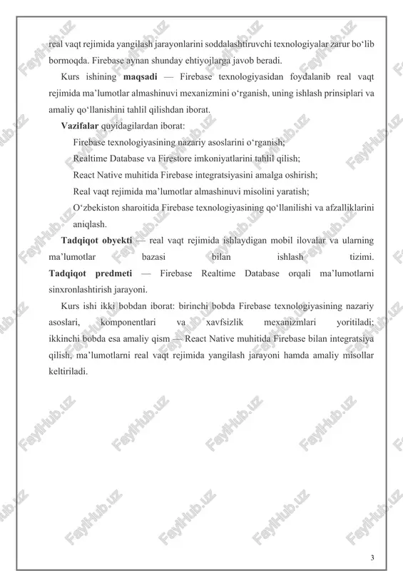on sharoitida firebase texnologiyasining qo‘llanilishi va afzalliklarini aniqlash. tadqiqot obyekti — real vaqt rejimida ishlaydigan mobil ilovalar va ularning ma’lumotlar bazasi bilan ishlash tizimi. tadqiqot predmeti — firebase realtime database orqali ma’lumotlarni sinxronlashtirish jarayoni. kurs ishi ikki bobdan iborat: birinchi bobda firebase texnologiyasining nazariy asoslari, komponentlari va xavfsizlik mexanizmlari yoritiladi; ikkinchi bobda esa amaliy qism — react native muhitida firebase bilan integratsiya qilish, ma’lumotlarni real vaqt rejimida yangilash jarayoni hamda amaliy misollar keltiriladi. 1. nazariy qism 1.1. bulutli texnologiyalar va real vaqt rejimidagi ma’lumotlar almashinuvi tushunchasi. firebase platformasining yaratilish tarixi va asosiy imkoniyatlari so‘nggi yillarda axborot texnologiyalarining tez sur’atlarda rivojlanishi natijasida bulutli hisoblash (cloud computing) tushunchasi dasturiy ishlab chiqish jarayonida muhim o‘rin egallay boshladi. bulutli texnologiyalar — bu foydalanuvchilarga o‘zlarining ma’lumotlari va hisoblash resurslarini internet orqali masofadan turib boshqarish imkonini beruvchi xizmatlar majmuasidir. ular foydalanuvchilarga serverlarni fizik joylashuvini bilmasdan turib, ma’lumot saqlash, tahlil qilish, qayta ishlash va sinxronlashtirish imkonini yaratadi. …