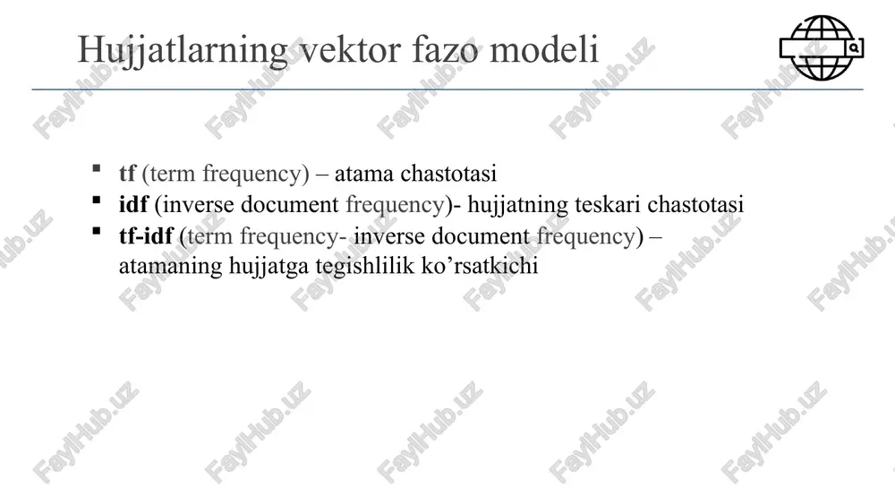 ng bizda bir nechta klasterlar mavjud c1 c4 c2 c5 c3 c1 c2 c3 c4 c5 c1 c2 c3 c4 c5 yaqinlik matritsasi ... p1 p2 p3 p4 p9 p10 p11 p12 biz ikkita eng yaqin klasterni (c2 va c5) birlashtirmoqchimiz va yaqinlik matritsasini yangilamoqchimiz. c1 c4 c2 c5 c3 c1 c2 c3 c4 c5 c1 c2 c3 c4 c5 proximity matrix ... p1 p2 p3 p4 p9 p10 p11 p12 o‘rta holat birlashtirishdan kiyin “yaqinlik matritsasi qanday yangilanadi?" c2 u c1 c4 c2 u c5 c3 c2 u c c1 c5 c3 c4 c1 ? 5 ? ? ? ? c3 ? c4 ? yaqinlik matritsasi ... p1 p2 p3 p4 p9 p10 p11 p12 klasterlararo o‘xshashlikni qanday aniqlash mumkin p1 p2 p3 p4 p5 . p1 p2 p3 p4 p5 . . . . . similarity? min max guruh o‘rtachasi centroidlar orasidagi masofa maqsad funktsiyasi tomonidan boshqariladigan boshqa …