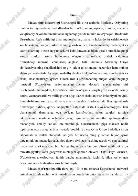 ushonaning iqtisodiy hayoti, qishloq xo‘jaligi va hunarmandchiligi bilan bog‘liq masalalarni o‘rganishgan.shuningdek, arxeologik tadqiqotlar orqali (panjikent, erkurgan, varaxsha kabi yodgorliklarda) bu hududda urbanizatsiya, madaniyat va diniy hayotning yuksak darajada bo‘lganini tasdiqlovchi dalillar aniqlangan.shuni alohida ta’kidlash joizki, hozirgi davr tarixshunosligida bu mavzuni yanada chuqurroq o‘rganish, zamonaviy ilmiy metodlardan foydalangan holda tahlil qilish zarurati mavjud. xususan, ustrushonaning xalqaro aloqalari, ichki siyosiy jarayonlari va ijtimoiy qatlamlari haqida yangi yondashuvlar asosida tadqiqotlar olib borilmoqda.arxealogiya fanidagi shunday kamchilik muammolardan biri o`rta osiyo tarixiy-madaniy o`lkalari, vohalari tarixini arxealogik nuqtai-nazardan o`rganish rejasidagi qarama-qarshilik va tengsizlikdir. bunday salbiy voqelik faqat kattakatta madaniy vohalar o`rtasida, balki bir voha tasarufida joylashgan turli mavzelar o`rtasida ham sodir bo`ldi va ayrim hollarda hanuzga qadar davom etmoqda. agar hozirgi kunda o`rta osiyoning arxealogik xaritasiga nazar tashlagudek bo`lsa haqiqatdan ham qadimgi madaniy o`lkalar tarixini muntazam o`rganilishi darajasi qayerda qay tariqa borayotganligini yetakchi o`rinni egallovchi vohalarni “qoloq” viloyatlarni va albatta xaritadagi “ochilmagan ko`rik” larni ko`rish mumkin. …