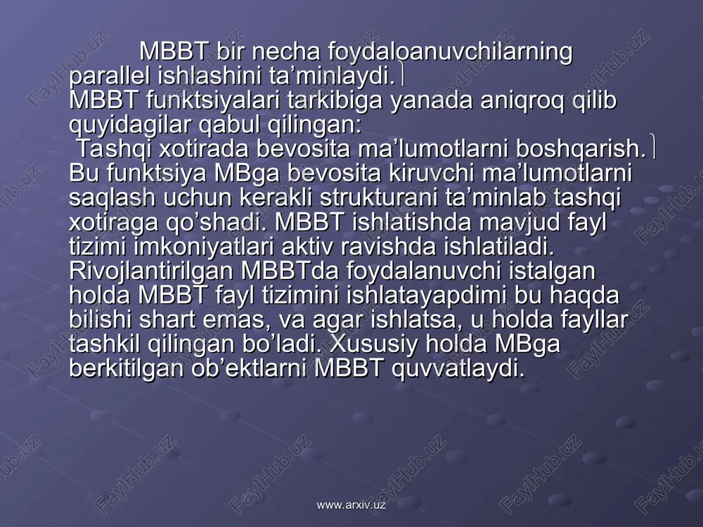 tiklash uchun jurnal va mbning arxiv nusxasi ishlatiladi. arxiv nusxa – bu mbning to’liq nusxasi bo’lib, jurnalni to’ldirish momentidan boshlanadi. mb tillarini quvvatlash ma’lumotlar bazasi bilan ishlashda ma’lumotlar bazasi tili deb ataluvchi maxsus til ishlatiladi. zamonaviy mbbt mb bilan ishlash uchun barcha kerakli vositalarni yagona birlashgan til qo’llab quvvatlaydi. hozirgi kunda relyatsion mbbt uchun keng tarqalgan standart til – bu sql (structured query language) tilidir. sql tili relyatsion mb sxemasini aniqlaydi va ma’lumotlar ustida (manipulyatsiya) ish yuritadi. unda mb ob’ekti nomlariga (relyatsion mb uchun – jadval nomi va uning ustunlari) o’zgartirishlar kiritish sql tili kompilyatori yordamida amalga oshiriladi. bundan tashqari uning ichki identifikatorlariga o’zgartirishlar kiritishni ham amalga oshiradi. mbbt ning ichki qismi (yadrosi) jadval nomlari va uning ustunlari bilan umuman ishlamaydi. www.arxiv.uz www.arxiv.uz sql tili o’z ichiga mb butunlik chegarasini aniqlashning maxsus vositasini oladi. mbning butunligini tekshirishni ta’minlaydi. mbni modifikatsiya qilish uchun kompilyatsiya vaqtida sql kompilyatori mos dasturiy kodni generatsiya …