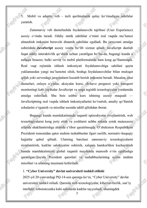 may). bu qaror yoshlarni dasturlash va web texnologiyalar bo‘yicha o‘qitishga yo‘naltirilgan sharoitlar yaratishni, mentorlik dasturlarini, it ko‘nikmalarini oshirishni ko‘zda tutadi. 3. tadbirkorlik sub’yektlariga xalqaro platformalarda raqamli texnologiyalar xizmatlari ko‘rsatishda qulay shart-sharoitlar yaratish 2024-yil 15-martdagi pq-129-son qaroriga muvofiq, raqamlashtirish sohasida xizmatlar eksporti bo‘yicha xalqaro platformalarda elektron shaklda shartnomalar rasmiylashtirishga ruxsat beriladi; it-park rezidentlariga huquqiy eksperiment doirasida invoys va hisobvaraq-fakturalarni elektron hujjat sifatida tan olish kabi imtiyozlar beriladi. 4. innovatsion rivojlanish strategiyasi o‘zbekiston respublikasining 2022–2026-yillarda innovatsion rivojlanish strategiyasini amalga oshirish bo‘yicha tashkiliy chora-tadbirlar to‘g‘risidagi qarori. unda innovatsiyalarni keng joriy etish, it va web texnologiyalar, ilmiy-tadqiqot muassasalari, ta’lim va texnologiyalar integratsiyasi kabi yo‘nalishlar mavjud. 1. nazariy qism 1.1 swift tili qayerda va nima maqsadda ishlatiladi. swift deganda ko'proq ikki narsa nazarda tutiladi: birinchisi, "worldwide banklararo moliyaviy telekommunikatsiyalar jamiyati" (swift), bu xalqaro banklararo pul o'tkazmalari uchun ishlatiladigan tizim. ikkinchisi esa, apple tomonidan ishlab chiqilgan zamonaviy dasturlash tili. bu xalqaro banklar o'rtasida xavfsiz va tezkor …