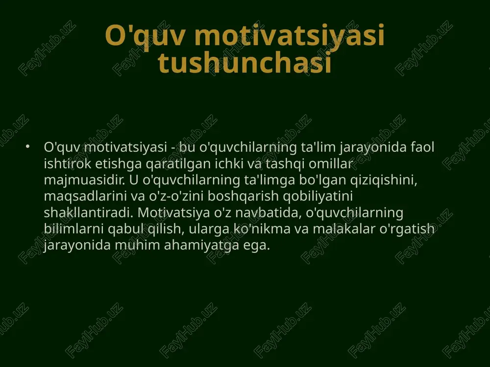 lar o'z motivatsiyalarini boshqarish qobiliyatiga ega bo'lishlari zarur. bu, o'z maqsadlarini belgilash, o'zlariga motivatsiya berish va mushak qobiliyatlarini rivojlantirish orqali amalga oshiriladi. o'z-o'zini boshqarish qobiliyatini rivojlantirish o'quvchilarga o'z maqsadlariga erishishga yordam beradi. ta'lim jarayonida motivatsiya muammolari motivatsiya muammolari, o'quvchilarning ta'lim jarayoniga qiziqmasligi, past motivatsiya darajasi va o'qishga bo'lgan yoqimsizlik kabi holatlarni o'z ichiga oladi. muammolarni hal qilish uchun o'qituvchilar, ta'lim muassasalari va ota-onalar o'zaro hamkorlik qilishi zarur. yaxshi muhit va qo'llab-quvvatlash motivatsiyani oshirishda muhimdir. xulosa o'quv motivatsiyasi ta'lim jarayonida muhim o'rin tutadi. motivatsiya turli xil omillar bilan bog'liq va ta'lim samaradorligini oshirishda muhim rol o'ynaydi. o'qituvchilar va o'quvchilar o'rtasidagi o'zaro hamkorlik, ta'lim jarayonini qiziqarli va maqbul qilish, o'quvchilarda motivatsiyani oshirishga yordam beradi. motivatsiya va ta'lim jarayoni jarayonida yuzaga keladigan muammolarni hal qilish zarur. e'tiboringiz uchun rahmat!