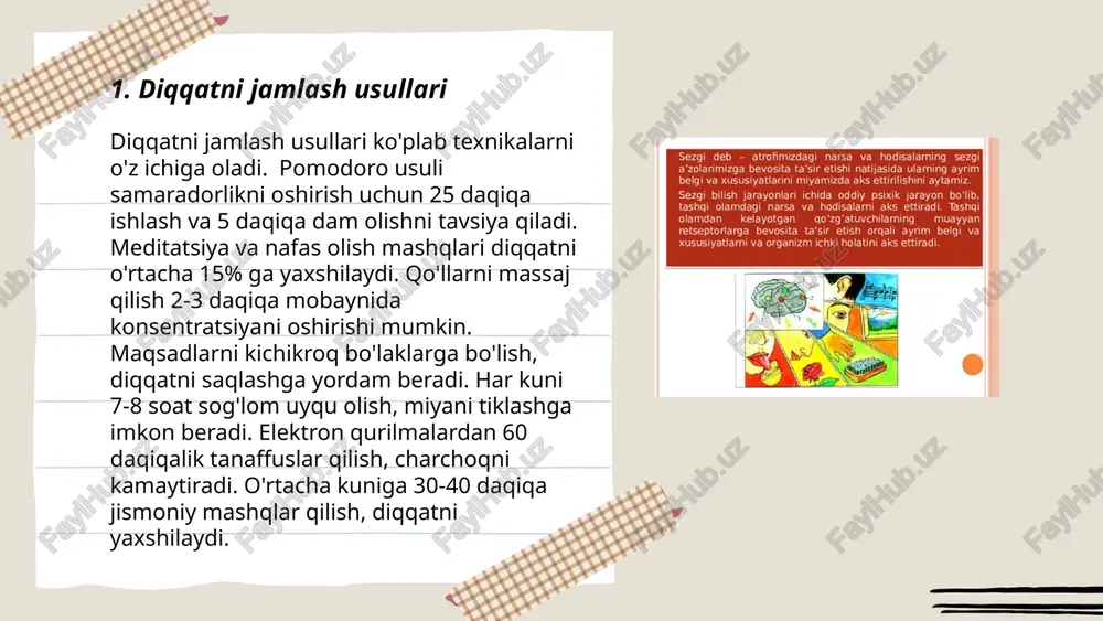va teginish. ko‘rish sezgisi ko‘z orqali rang va shakllarni idrok etadi, eshitish esa tovush to‘lqinlarini quloq orqali qabul qiladi. hid bilish burun orqali turli molekulalarni ajratib oladi, ta’m bilish esa til orqali ovqat tarkibini hiss qiladi. teginish sezgisi teri orqali bosim, harorat va og‘riqni sezadi. har bir sezgi turi turli xil retseptorlar orqali ishlaydi va turli miya markazlariga signal yuboradi. bu sezgilar birgalikda ishlash orqali to‘liq idrok hosil qiladi. ... t.me/slaydai_bot 7. diqqat darajasini o'lchash usullari diqqat darajasini o'lchash usullari bir qancha metod va texnologiyalarni o'z ichiga oladi. masalan, stroop testi rang va so'zlarni ajratishda diqqat taqsimotini o'lchaydi. reyli auditoryasi testida diqqat va eshitishni tekshiriladi. o'quvchilar uchun qiziqroq usul vak test bo'lib, unda vizual, audial va kinestetik ta'sir etiladi. elektron qurilmalar, masalan, eeg, bosh miya faoliyatini kuzatib, diqqatni o'lchashda qo'llaniladi. ushbu usullar diqqatning samaradorligini va ish faoliyatini yaxshilashga yordam beradi. har bir metodning samaradorligi individual ravishda farq qilishi mumkin va …