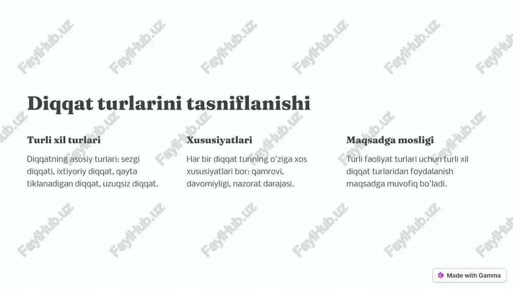 iqqatni muntazam shakllantirish, ratsional rejalashtirish, sog'lom hayot tarzi diqqatni yaxshilashga yordam beradi. https://gamma.app/?utm_source=made-with-gamma