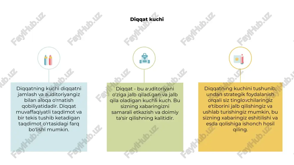 izning e'tiborimiz doimiy ravishda turli yo'nalishlarga qaratiladi va bu uzoq vaqt davomida bitta vazifaga e'tibor qaratishni qiyinlashtiradi. bunga qarshi kurashish uchun diqqat bilan shug'ullanish va chalg'itadigan narsalarni cheklash muhim, bu bizga vazifani to'liq bajarishga va samaradorlikni oshirishga imkon beradi. diqqat va mahsuldorlik 1 2 3 2 e'tibor har qanday ishda samaradorlik uchun juda muhimdir. bir vaqtning o'zida bitta vazifaga e'tibor qaratish orqali siz yuqori konsentratsiya va samaradorlikka erishishingiz mumkin. 1 chalg'itadigan narsalarni minimallashtirish va qulay ish muhitini yaratish e'tiborni yaxshilashga yordam beradi. hosildorlikni oshirish uchun vaqtni blokirovka qilish va vazifalarni ustuvorlashtirish kabi strategiyalardan foydalaning. 3 sog'lom ish va hayot muvozanatini saqlash uzoq muddatda e'tibor va samaradorlikni saqlab qolish uchun ham muhimdir. muntazam tanaffuslar va to'g'ri o'z-o'zini parvarish qilish amaliyoti charchashni oldini oladi va ish faoliyatini oshiradi. e'tiboringiz uchun rahmat
