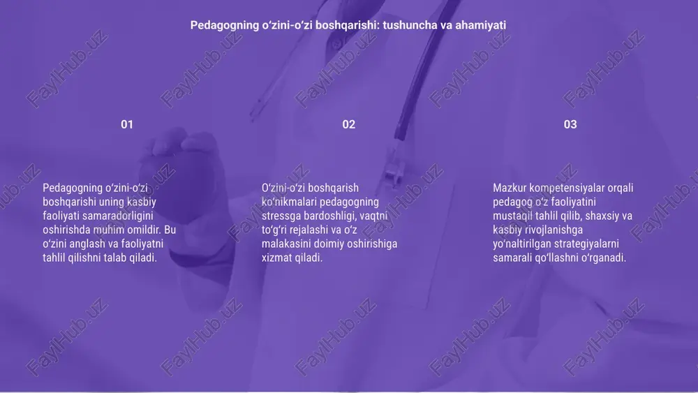 ni baholash metodlari pedagogning o‘zini-o‘zi boshqarishi — bu kasbiy stress, charchoq va hissiy zo‘riqishlarni oldini olish uchun zarur bo‘lgan muhim ko‘nikmadir. bu jarayon pedagogga o‘z his-tuyg‘ularini nazorat qilish, vaqtni to‘g‘ri boshqarish va kasbiy faoliyatini samarali yo‘lga qo‘yishga yordam beradi. pedagoglarga har kuni ertalab qisqa meditatsiya, nafas mashqlari yoki kunlik rejalashtirish amaliyotlarini bajarish tavsiya etiladi. bular ruhiy barqarorlikni ta’minlaydi hamda kun davomida erishiladigan maqsadlarga motivatsiyani oshiradi. tanaffuslar paytida jismoniy mashqlar, do‘stona muloqotlar va ijodiy faoliyat yordamida hissiy tushkunlik oldini olish mumkin. o‘zini qadrlash ham rivojlanishga xizmat qiladi. pedagoglar uchun tavsiyalar va amaliy mashqlar e’tiboringiz uchun rahmat image1.png image2.png image3.png image4.gif image5.png image6.png image11.png