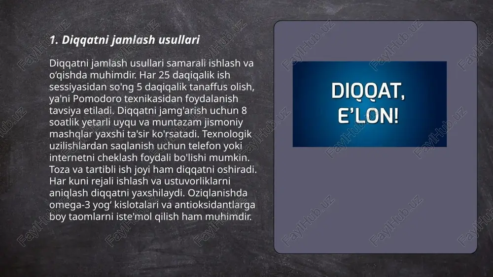 lik meditatsiya mashqlari diqqatni oshirishda samarali bo'lishi mumkin. shuningdek, qisqa tanaffuslar olish va 25-30 daqiqa davomida fokuslanish orqali diqqatni saqlash mumkin. "pomodoro" texnikasi bunga misol bo‘lib xizmat qiladi. krossvordlar, sudoku va boshqa mantiqiy o'yinlar ham diqqatni kuchaytirishi mumkin. har kuni 7-8 soat uyqu olish diqqat qobiliyatini saqlashda muhimdir. to'g'ri ovqatlanish, ayniqsa omega-3 yog‘ kislotalarini iste’mol qilish ham ongni faol saqlashga yordam beradi. ... t.me/slaydai_bot 7. diqqatni o‘stirish uchun mashqlar 7. diqqatni o‘stirish uchun mashq qilish, kognitiv salohiyatni yaxshilashda muhimdir. diqqatni boshqarish uchun oddiy mashqlar: qisqa vaqt davomida bir mavzuga e’tibor qaratish, masalan 5 daqiqalik o‘qish mashqlari va fikrni tarqatmaslik. diqqat saqlash uchun yana bir mashq - hisoblash mashqlari, misol uchun, 100 dan 7 ni ayirib ketma-ket hisoblash. bundan tashqari, meditatsiya va nafas olish texnikalari ham diqqatni jamlashda yordam beradi. har kuni kamida 15-20 daqiqa ajratib, muntazam mashq qiling. bu usullar diqqatni oshirish, xotirani mustahkamlash va aqliy faoliyatni kuchaytirishga yordam beradi. …