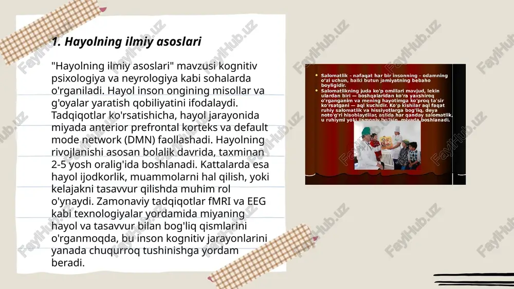 ishlangan. hayol - bu kreativ tafakkur mahsuli bo‘lib, yangi g‘oyalar yaratishda va muammolar yechishda kuchli vositadir. falsafa esa insoniyatning mavjudlik, bilim, haqiqat, axloq va estetik qadriyatlar haqida chuqurroq tushunchalarni rivojlantirishga harakat qiladi. masalan, platonning idealizm falsafasi yoki aristotelning reallik tushunchasi hayol orqali yaratish va o‘qishning naqadar muhimligini ko‘rsatadi. hayol inson qobiliyatini kengaytirib, falsafiy tajribalarni boyitishga xizmat qiladi, bu esa turli fanlarning rivojiga turtki beradi. ... t.me/slaydai_bot 7. hayol va psixologiya hayol - insonning ongida vujudga keladigan obrazlar, fikrlar va hodisalarning shakllanish jarayoni hisoblanadi. bu jarayon tafakkur, xotira va his-tuyg'ular bilan chambarchas bog'liq. psixologiyada hayolni ijodiy va reproduktiv turlarga ajratishadi. ijodiy hayol yangi, original g'oyalarni yaratishda muhim rol o'ynaydi, reproduktiv esa mavjud bilim va tajribalarni qayta tiklash bilan bog'liq. hayol kuchli bo'lishi ijodkorlik, muammolarni hal etish qobiliyatini oshiradi. tadqiqotlar shuni ko'rsatadiki, hayolga iq darajasi, bilim va shaxsiy xususiyatlar ta'sir qiladi. psixologiyada hayol turli test va o'lchovlar yordamida baholanadi, bu esa uning …