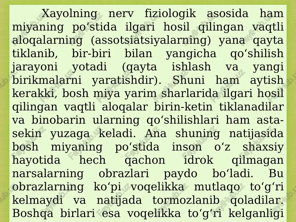 belgilarni ta’kidlash orqali obrazlar yaratish masalan: o‘rtoqlik hazillari. aksentlashtirish badiiy adabiyotlarda juda ko‘p qo‘llaniladi tasavvurning sifatlari deyilganda, ularning to'laligini, ravshanligini, aniqligini va yaqqolligini tushunamiz. tasavvur qancha to'liq, ravshan va aniq, bo'lsa, u idrok obraziga shunchalik yaqinlashadi. tasavvurning sifati turli sabablarga bog'liqdir. 1. avvallo nerv sistemasining ahvoliga bog'liq bo'ladi. 2. idrokning puxtaligiga. 3. tuyg'u-hislarga, emotsional holatga. 4. ixtiyoriy diqqatga. 5. individual hususiyatlarga. 6. odamning yoshiga. tasavvur xillari idrok singari tasavvurlar ham sezgi organlariga muvofiq turlarga bo'linadi. shu sababli, tasavvurlar ko'rish, eshitish, hid bilish, maza (ta'm) bilish, teri sezgisi, tempe­ratura, muskul-harakat, umumiy-organik tasavvurlarga bo'linadi. tasavvurlarda aks etadigan voqelik sohalariga qarab ham tasavvurlar bir-biridan farqladi. masalan, tabiat, jamiyat, texnika, fazo, vaqt va shu kabilar to'g'risidagi tasavvurlar shular katoridagi tasavvurlardir. tasavvurlar yakka tasavvurlar hamda umumlashgan tasavvurlar bo’ladi. yakka tasavvurlar - “mana shu stol”, “shu qo’g’irchoq”, “shu poezd”ni tasavvur qilishdir. ammo biz juda ko’p stol, qo’g’irchoq, poezdlarni bilamiz va shu tufayli bu buyumlarning umumiy belgilarini …