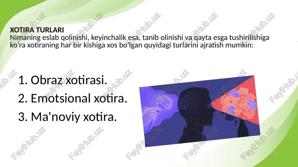 i ko'chuvchanligi bo'linishi ko'lami kuchi barqarorligi diqqat jarayonining kasalliklarda buzilishi. diqqatning buzilishi: diqqatsizlik yoki diqqatning susayishi birinchi turi: diqqatning tarqoq bo'lishi va kam tig'izlanish bilan xarakterlanadi. ikkinchi turi: o'zida qandaydir g'oyalarni ushlab turuvchi, o'zini ichki kechinmalariga botib qolgan shaxslarda kuzatiladi. 14 3.sezgi, idrok, xotira, diqqat jarayonlari buzilgan bemorlarga munosabatda bo'lish xususiyatlari. xotirasi buzilgan bemorlarga nisbatan tibbiyot xodimlari, ayniqsa, juda muloyimlik bilan o'zlarining eng yaqin kishilaridek so'zlarini oxirigacha eshitib (agar u yolg'on bo'lsa ham), keyin o'z fikrlarini aytib, davo muolajalarini o'tkazishlari kerak. ayniqsa, xotirasi umuman yo'qolgan bemorlar yordamga muhtoj bo'ladilar. ular o'z holatini to'g'ri baholaydilar va atrofdagilarga kulgi bo'lishdan, dakki eshitishdan xavflanib turadilar va juda e'tibor bilan ahamiyat beradilar. bunday bemorlarni tibbiyot xodimlari tinchlantirishi, tetiklashtirishi va kerakli vaqtda sharoitga qarab ularning harakatlarini, so'zlarini tuzatishga yordam berishlari kerak. bemorning gaplariga diqqat, sabr-toqat va xotirjamlik bilan quloq solish, u bilan zarur aloqani o'rnatish uchun juda muhimdir. image1.png image2.jpeg image3.png image4.jpeg image5.jpeg image6.png image7.jpeg …