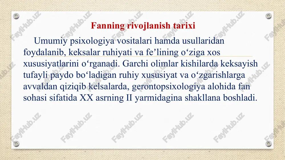 ira jarayonining xususiyatlarini o`rgangan. uning ma`lumotlari quyidagicha: 1. 70 dan 80 gacha bo`lgan keksalarda xotira ( mexanik xotira) zaiflashadi; 2. 70 dan 80 gacha bo`lgan keksalarda mantiqiy-ma`noli xotirada miqdorning ahamiyati saqlanadi; 3. obrazli xotira zaiflashadi; 4.70-89gacha yoshlarda xotiraning barqarorlik negizida ma`noning ichki aloqadorligi yotadi; 5. uzoq muddatli xotira kuchsizlanadi; 6. 90 yoshda nutqning ichki bog`lanishi buziladi; 7. xotiraning obrazli-hissiy turlari nutqning tuzilishiga bo`ysunmay qoladi. e'tiboringiz uchun rahmat ! image5.jpeg image6.jpeg image7.jpeg image8.jpeg image9.jpeg image10.jpeg image3.png 145083532 /docprops/thumbnail.jpeg