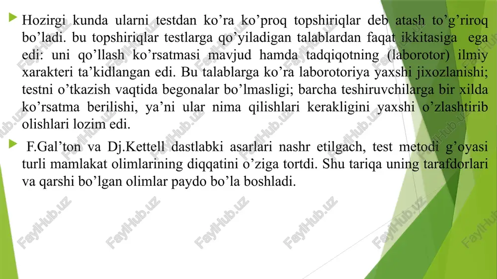 a o’z mahsuldorligini namoyon qildi va ko’pgina tadqiqotlarda o’z aksini topdi. respublikamizda psixodiagnostikaning rivojlanishiga m.g. davletshin, b.r. qodirov, g’.b. shoumarov, e.g’. g’oziev, v.a. tokareva, r.z. gaynuttdinov kabi olimlar o’z hissalarini qo’shganlar. ma`lumki, xix asr fizika, biologiya, fiziologiya, ximiya va boshqa tabiat fanlarning gurillab o’sishi bilan xarakterlanadi. fanda paydo bo’lgan eksperimental metodning keng qo’llanilishi fanning bunday o’sishiga yordam berdi xviii asrning oxiri xix asrning boshlaridayoq psixologlar o’rtasida psixik xodisalarni o’rganishda eksperimentni tadbiq qilish mumkin emasmikan degan masala maydonga chiqdi. bu masala buyicha filosof i.kant o’z fikrini aytdi. uning fikricha, psixologiyada eksperimentning bo’lishi mumkin emas, ularga matematikani tadbiq qilish mumkin emas. psixik xodisalarni o’lchashning mumkinligi, binobarin, psixologiyada eksperimetning bo’lishi mumkinligi xaqida nemis psixologi i. gerbart (1776-1841 y.) ijobiy fikr aytgan. u «psixologiyada matematikani tadbiq etish mumkin va zarurligi xakida» shunday degan: «mening tekshirishlarim amalda faqat psixologiyaning o’zi bilan cheklanib qolmasdan, balki fizikaga va umuman tabiat fanlariga ham qisman aloqadordir». gerbartning fikricha, asosiy …