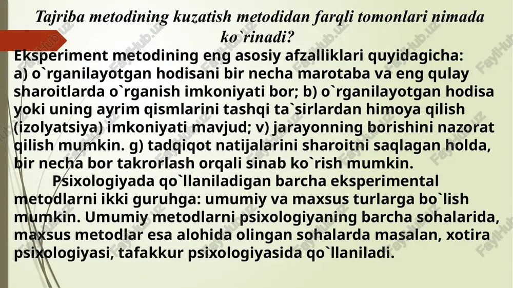 tiga ta`sir etishi mumkin. tajribaning ichki sharoiti tekshiriluvchiga bog`liq bo`lgan vaqtinchalik holatlar hisoblanadi. ichki sharoitga dastavval tekshiriluvchining ustanovkasi ya`ni tadqiqotga psixologik tayyorgarligi kiradi. tekshiriluvchi tajriba davomida tadqiqotchining savollariga javob berishga, qo`zg`atuvchi ta`sirini kabul qilishga oldindan tayyor turishi kerak. bunday tayyorgarlikning vujudga kelishi eng avvalo unga beriladigan ko`rsatmalarga (instruktsiya)ga bog`liqdir. shuning uchun ham ko`rsatma aniq, lo`nda va tushunarli qilib berilishi va barcha qatnashchilarga bir xilda izohlanishi kerak bo`ladi. tadqiqot jarayonida tekshiriluvchi tomonidan butun imkoniyatlarini maksimal holatda safarbar etishi talab qilinadi. masalan, diqqatning hajmini, harakatlarning maksimal tezligi va aniqligini o`rganishda bu alohida ahamiyat kasb etadi. tekshiriluvchining butun imkoniyatini ishga solishi undagi motivlarning kuchi bilan bog`liqdir. tajribaning ichki sharoitlaridan biri unga bog`liq bo`lgan qiziqishdir. agar tekshiriluvchi berilgan topshiriqlarni qiziqish bilan bajarsa, natijalar avvaldan kutilgandek bo`ladi. tekshiriluvchining kayfiyati va umumiy fiziologik holati ham tajribaning borishiga ta`sir etuvchi ichki sharoitlardan biridir. butun tadqiqot davomida tekshiriluvchining kayfiyati yaxshi bo`lishi, fiziologik holatlarda o`zgarishlar bo`lmasligi tadqiqotchi tomonidan nazorat …