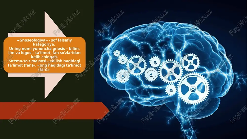 ul qilinishigacha – o‘ziga xos tarzda ro‘yobga chiqadi. diniy bilim: dinning asosiy vazifasi – inson hayoti, tabiat va jamiyat borlig‘ining mazmunini aniqlashdan iborat. din universumning pirovard mazmunlari haqidagi o‘z tasavvurini asoslab, dunyo va insoniyatning birligini tushunishga ko‘maklashadi. falsafiy bilim: falsafa san'at va din kabi, bilish vazifalarini yechish bilangina kifoyalanmaydi. uning bosh vazifasi san'at va din bilan uyg‘un holda – insonning dunyoda ma'naviy mo‘ljal olishiga ko‘maklashishdan iborat. falsafiy bilish ayni shu maqsadga bo‘ysundirilgan. 19 ilmiy bilim: bilishning eng oliy shakli fandir fanning asosiy vazifasi ob'ektlarning o‘zgarish va rivojlanish qonunlarini aniqlashdan iborat tabiiy fanlar texnika fanlari ijtimoiy fanlar ilmiy bilish strukturasi: empirik dalil ilmiy dalil kuzatish real eksperiment modelli eksperiment obraz empirik tadqiqot natijalarini hisobga olish empirik umumlashti-rish mavjud nazariy bilimdan foydalanish fikriy ekspriment gipoteza-larning shakllanishi gipotezalarni tajribada tekshirish yangi tushuncha-larning shakllanishi atama va belgilarning kiritilishi ular ahamiyatini aniqlash qonunularni aniqlash nazariyalar-ni yaratish shaxsiy bilim: m.polani shaxsiy bilim kontseptsiyasi – anglash mumkin …