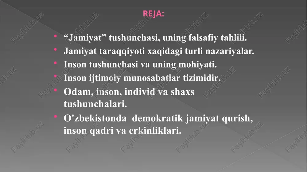 g tarkibiy tizimi sifatida fuqarolik jamiyati, davlatni boshqarish usuli, axloq, oila haqidagi chuqur tahlilga asoslangan falsafiy bilimlarda ishlab chiqdi. ijtimoiy falsafaning shakllanishi va taraqqiyoti k.marks nomi bilan bevosita bog’liq. u jamiyatga materialistik yondoshish asosida o’ziga xos ta’limot - jamiyat falsafasi – (tarixiy materializm) ta’limotini ishlab chiqdi. u jamiyatni murakkab tarkibiy tizilishga ega ijtimoiy organizm sifatida ta’rifladi. 14 jamiyatning moddiy va ma'naviy hayoti iqtisodiy shart-sharoitlar; moddiy boyliklar; kiyim-kechak; oziq-ovqat; iqtisodiy munosabatlar; turar-joy, yoqilg'i, kommunikatsiya vositalari olamni tushunish, jamiyat va inson to'g'risidagi qarashlar, nazariyalar, ta'limotlar, g'oyalar, mafkura, ijtimoiy ong shakllari, ta'lim- tarbiya, axborot vo- sitalari, madaniyat, ilm-fan muassasalari jamiyatning iqtisodiy hayotini: kishilarning o'z moddiy hayot sharoitlarini ishlab chiqarish bilan bog'lik bo'lgan barcha faoliyat turlari hamda shu jarayonda shakllanadigan ijtimoiy munosabatlar jamiyatning iqtisodiy hayot sohasini tashkil etadi. iqtisodiyotda ishlab chiqarish birlamchi omil hisoblanadi. ya’ni: ishlab chiqarish — tabiat bilan jamiyat o'rtasidagi o'ziga xos insoniy bog'lanish bo'lib, kishilarning o'z tirikchiligi uchun zarur moddiy shart-sharoitlarni …