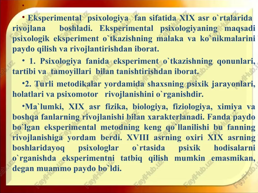 9 yili leypsigda birinchi eksperimental psixologiya laboratoriyasini tashkil qildi. * http://aida.ucoz.ru * http://aida.ucoz.ru vundt shug`ullangan masalalardan biri o`sha vaqtda astronomlar tomonidan ochilgan diqqatni bir vaqtda ikkita har xil ko`zg`atuvchiga to`plash mumkin emasligi haqidagi masala edi. bu hodisani aniqlash uchun vundt (laboratoriya tashkil qilingunga qadar) 1861 yilda alohida mayatnik o`ylab chiqardi (vundt mayatnigi). bu mayatnik graduslarga bo`lingan yoy atrofida harakatlanadi va har bir ma`lum vaqtdan keyin shig`irlaydi. bu psixologik eksperimentlar uchun kashf etilgan birinchi asbob edi.ilmiy psixologiyani rivojlantirish uchun vundt qo`shimcha vosita sifatida turdosh fanlar, ayniqsa fiziologiya, astronomiya, geografiya, tarix va boshqa fanlardan olingan ma`lumotlardan foydalanish zaruriyatini ilgari surdi leypsig laboratoriyasi va institutidan namuna olib, germaniyaning boshqa shaharlarida ham, shuningdek boshqa mamlakatlarda ham, jumladan fransiya, angliya va amerikada laboratoriya hamda institutlar tashkil qilindi. x1x asrning oxirida rossiyada ham bir qancha eksperimental psixologiya laboratoriyalari tashkil qilindi: moskvada tokarskiy, qozonda – bexterev, odessada n.n.lengerlar tomonidan shunday laboratoriya ochildi. 1911 yilda moskva universiteti huzurida, …