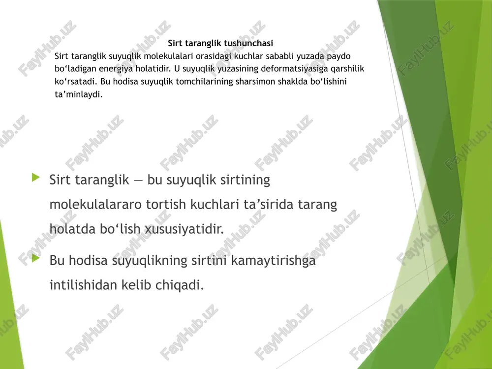 i bilan bog‘liq. foydalanilgan adabiyotlar o‘zbekiston respublikasi oliy va o‘rta maxsus ta’lim vazirligi. “umumiy fizika kursi: molekulyar fizika va termodinamika” – toshkent: o‘qituvchi nashriyoti, 2019. resnick r., halliday d., krane k. “fizika kursi”, 2-jild. – moskva: mir nashriyoti, 2002. g‘ulomov a., hasanov i. “fizika asoslari” – toshkent: fan va texnologiya nashriyoti, 2020. sokolov i.m., “molekulyar fizika”, moskva: nauka, 2018. xudoyberdiyev sh. “umumiy fizika darsligi”, toshkent: oliy ta’lim nashriyoti, 2021. atkins p., de paula j. “physical chemistry”, 10th edition – oxford university press, 2018. landau l.d., lifshits e.m. “gidrodinamika nazariyasi”, moskva: nauka, 1988. internet manbalar: https://www.physicsclassroom.com – surface tension and capillary action bo‘limi. https://uz.wikipedia.org/wiki/sirt_taranglik https://www.khanacademy.org/science/physics /docprops/thumbnail.jpeg