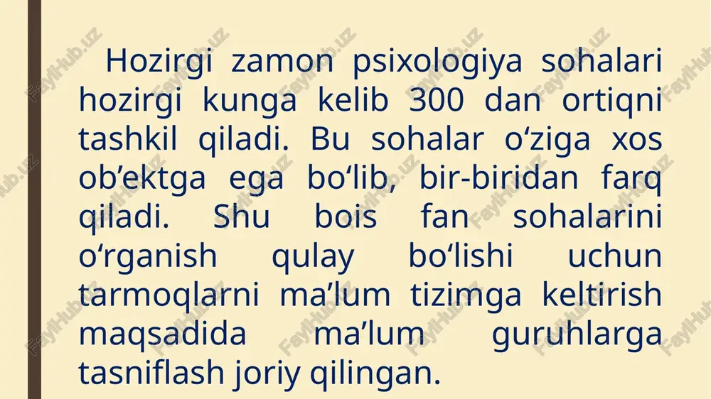 o‘smirlar psixologiyasi, kattalar psixologiyasi, gerontopsixologiya kabi tarmoqlarga bo‘linadi. patopsixologiya − miya faoliyati buzilishlari natijasida kelib chiqadigan turli shakldagi ruhiy rivojlanishdan chetlanishni o‘rganadi. oligofrenopsixologiya − miyaning tug‘ma kamchiliklari tufayli paydo bo‘ladigan bo‘limlarni o‘rganadi. surdopsixologiya − eshitish faoliyatida jiddiy nuqsonlari bo‘lgan bolalarning rivojlanishini o‘rganadi. tiflopsixologiya − ko‘rish qobiliyati past yoki umuman ko‘rmaydigan kishi faoliyatini o‘rganadi. qiyosiy psixologiya − hayotning filogenetik shakllarini o‘rganuvchi psixologiya sohasi bo‘lib, inson va hayvonlar psixologiyasini solishtirish orqali o‘xshashlik va farq qiluvchi tomonlarini aniqlaydi. akmeologiya- yetuklik darajasiga erishgan shaxs rivojlanishining yuqori darajasi ularning qonuniyatlari va mexanizmlarini, ayniqsa rivojlanishining eng yuqori cho‘qqiga erishish xususiyatlarini o‘rganadi. inson va jamiyat o‘rtasidagi munosabatlarning psixologik tomonlarini o‘rganuvchi psixologiya sohalari. 1. ijtimoiy psixologiya − uyushgan va uyushmagan ijtimoiy guruhlardagi shaxslararo o‘zaro tasir jarayonida paydo bo‘ladigan psixologik hodisalarni o‘rganadi. 2. differensial psixologiya − shaxs shakllanishining individual psixologik yo‘naltirilganligi kabi xususiyatlarni o‘rganadi. 3. din psixologiyasi − inson ongiga diniy qarashlarning ta’siri masalalarini o‘rganadi. 4. etnopsixologiya − inson …