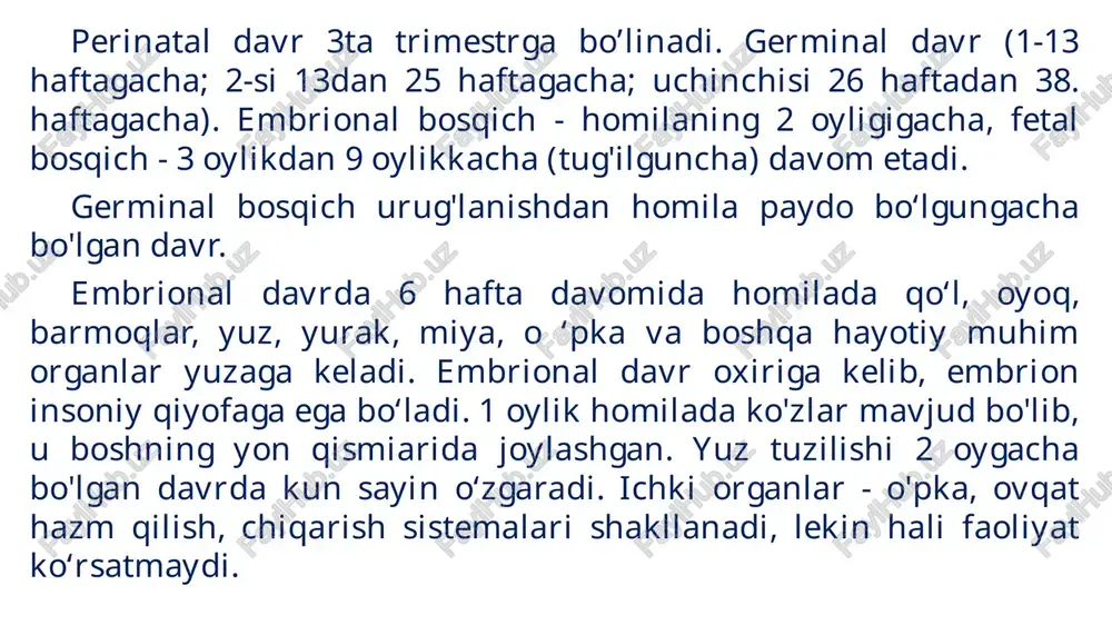 beradi. ■ 4 balldan past bo'lsa. chaqaloq maxsus apparatda saqlanadi. yangi tug‘ilgan chaqaloqning holatini aniqlash uchun apgar shkalasi belgilar belgilarni ballda baholash 0 1 2 yurak urishi mavjud emas chastotasi minutiga 100 ta urishi chastotasi minutiga 100 ta urishidan ortiq nafas olish mavjud emas sekin, regular emas kuchli(yig’i)baqiriq muskul tonusi bo’shashgan birmuncha egilish darajasi faol harakatlar reflektor q’ozg‘aluvchanlik mavjud emas sust ifodalangan kuchli ifodalangan terining rangi ko’kimtir yoki rangsiz tana pushti va q’ol-oyoqlarning ko'kimtirligi pushti perinatal davrda homilaning normal psixofiziologik rivojlanishiga bir qator omillar ta'sir ko'rsatadi. ulardan ayrimlariga to'xtalib o’tamiz. 1. onaning yoshi. o’tkazilgan tadqiqotlarning ko'rsatishicha. ona bo'lish uchun eng muvaffaqiyatli davr 20-30 yosh hisoblanadi. o’smir va ilk o'spirinlik davrida hamda 35-40 yoshdan so'ng ona bo'lish katta xavf bilan bog'liq bo'lib, bu davrlarda homilaning nobud bo'lishi va tushib qolishi. tug'ma nuqsonlar bilan tug'ilish ehtimoli yuqori bo'ladi. daniyada homilador 1,2 million ayollami tadqiq qilish natijalarining ko'rsatishicha. 40 yoshda 50 % holatlarda …