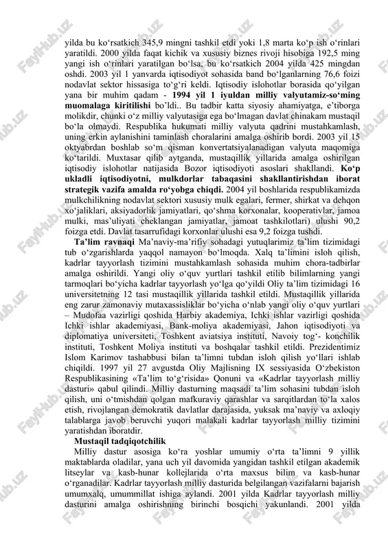 yo‘l va ombor xo‘jaligi tuzilmalari yaratildi. xo‘jalik yurituvchi sub’ektlar uchun xizmat qiluvchi 58 ta tovarlar va xomashyo birjalari, 24 ta biznes inkubator, 496 ta auditorlik va konsalting firmalari, ko‘plab savdo uylari, auksionlar, tijoratchilik idoralari, reklama firmalari, savdo-sotiq va ularni nazorat qiluvchi davlat muassasalari tashkil etildi. bozor munosabatlarini rivojlantirishda axborot infratuzilmasi alohida ahamiyatga ega. shu boisdan iqtisodiy faoliyat uchun zarur bo‘lgan axborotlar, xabarlar va ma’lumotlarni to‘plovchi, umumlashtiruvchi vositalar, firmalar vujudga keldi. xo‘jalik yurituvchi sub’ektlarni moliya-kredit munosabatlariga xizmat qiluvchi infratuzilma - yangi bank tizimi, o‘z-o‘zini kreditlash idoralari, sug‘urta kompaniyalari, moliya kompaniyalari, soliq undirish idoralari, pul jamg‘armalari yaratildi. bozor iqtisodiyotiga xizmat qiluvchi bank-moliya tizimi yaratildi. 2002 yildanda 37ta bank, shu jumladan 13 ta xususiy bank faoliyat ko‘rsatdi. banklarning 17 tasi dunyodagi eng nufuzli banklar bilan korrespondentlik aloqalari o‘rnatgan. respublikada davlat ishtirokida tuzilgan bozor munosabatlariga xizmat qiluvchi «kafolat», «agrosug‘urta», «o‘zbekinvest» kabi yirik sug‘urta kompaniyasi faoliyat ko‘rsatmoqda. ko‘plab xususiy sug‘urta kompaniyalari, shuningdek, xorijiy mamlakatlar bilan …