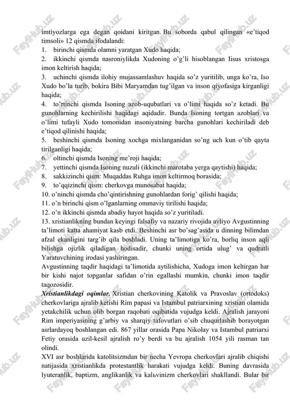n qilinganidan so’ng amalga oshirildi. 325 yili tarixda birinchi marta rim imperatori litsiniya imperiya hududidagi xristian jamoalarini o’zaro kelishtirish va tartibga solish maqsadida nikeya shahrida i butun olam xristian soborini (o’tkazilgan 21 sobordan birinchisi) chaqirdi. bu soborda «e’tiqod timsoli»ning (credo) dastlabki tahriri qabul qilingan, pasxani bayram qilish vaqti belgilangan, ariychilik qoralangan (ariy aleksandriya shahridan chiqqan ruhoniy; 318 yilda o’g’il-xudo va ota-xudoning yagona mohiyati haqidagi cherkov ta’limotiga qarshi chiqib, isoning ilohiy xususiyatlari va shon shuhrati jihatidan ota-xudodan keyin turadi, chunki ota-xudo azaliy va abadiy, isoni u yaratgan deb targ’ib qilgan). 20 ta kanon, jumladan, aleksandriya, rim, antioxiya, quddus, mitropolitlarining imtiyozlari to’g’risidagi qoidani ishlab chiqqan. 381 yili konstantinopolda ii butun olam xristian sobori bo’lib o’tdi. bu soborda nikeyada qabul qilingan «e’tiqod timsoli»ga aniqlik kiritish, ariychilar, yevnomiychilar, fotinianlar, savelianlar kabi adashgan firqalar bilan kurashish masalalari ko’rilgan. ii jahon sobori troitsa (trinity) haqidagi qoidani ishlab chiqqan va «e’tiqod timsoli»ni qonunlashtirgan. konstantinopol patriarxi rim patriarxi …