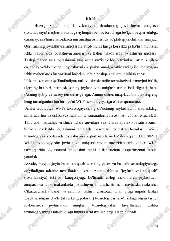 aniqlash usuli - bu uyali aloqa tarmoqlari orqali joylashuvni aniqlash. bunday holda, joylashuv xuddi shunday vaqt signallari bilan aniqlanadi, faqat ular uyali stansiyalar bazis stansiyalaridan olinadi. yuqorida keltirilgan barcha texnologiyalar, shunday deb ataladigan, trian-gulyatsiya usulida ishlaydi. qisqasi - bu usul turli yo'ldoshlar, o'quv qurilmalari, bazis stansiyalaridan olingan ma'lumotlarni solishtirish va signal darajasi va qabul qilish vaqtiga asoslanib ob'ektning joylashuvini aniqlashga asoslangan. usul o'z nomini shundan olganki, yaxshi natijaga erishish uchun kamida uchta signal manbasidan ma'lumot olish tavsiya etiladi. aynan shu usul tufayli wi-fi texnologiyasidan foydalangan holda rejalashtirilgan tadqiqot amalga oshirildi. agar trafik haqida gapirsak, bu loyihalash va ekspluatatsiya masalalarida boshlang'ich ma'lumotlarning eng muhim tarkibiy qismidir. simsiz mahalliy tarmoqda (wlan) trafikning etarli darajada to'liq tavsifi etarli aloqa tarmoq modelini tanlash yoki yaratish va uning yordamida tarmoqning talab qilinadigan resurslarini tanlash masalasini hal qilish imkoniyatini beradi. abonent trafigi haqida ma'lumot olishning murakkabligi, faol aloqa tarmog'ida kuzatuvlar (xususan, monitoring) o'tkazish zaruriyatidadir va bu …
