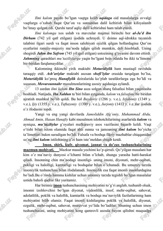 srat berilur va unga xilof qilgan barcha so’zlarni behudaga chiqarilur”, degan. g’azoliy ilmi kalom haqida quyidagilarni aytadi: “u bir ilm bo’lib uning maqsadi ahli sunnaning aqidasini – ahli bid’atning tashvishidan muhofaza qilsh va qo’riqlashdir. alloh taolo o’z bandalariga o’z payg’ambari tilida haq aqidani ilqo qildi. unda ularning dini va dunyosining salohi bordir. shuningdek, ular haqida qur’on va xabarlar nutq qildi. so’ngra shaytonlar o’z vasvasasi ila bid’atchilarga sunnatga xilof ishlarni ilqo qildi. ular o’sha ishlarni gapirdilar va ahli haqning aqidasini buzmoqchi bo’ldilar. bas, alloh bir toifa mutakallimlarni paydo qildi va ularning himmatini tartibga solingan kalom ila sunnatning nusrati yo’lida harakatga soldi. shu orqali ahli bid’atning sunnatga xilof ravishda chiqargan aldamchiliklari fosh qilinadi. ana shunday ilmi kalom paydo bo’ldi”. ilmi kalom paydo bo’lgan vaqtga kelib aqidaga oid masalalarga avvalgi vaqtlarga o’xshab faqat qur’on va sunnatdan dalil keltirish bilan kifoyalanib bo’lmay qolgan edi. qarshi taraf aqliy dalil keltirishni ham talab etardi. ilmi kalomga …