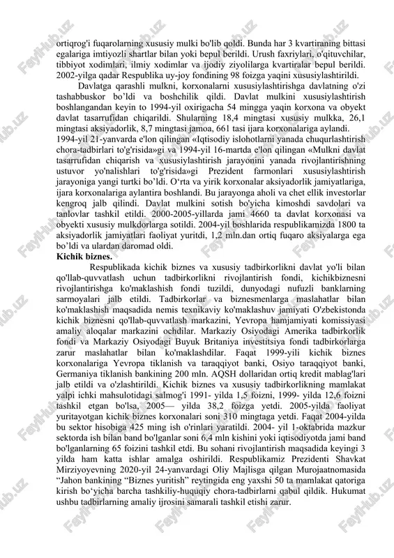 or iqtisodiyotining huquqiy negizini yaratishdan iborat. shuning uchun islohotlarning huquqiy asoslarini yaratishga alohida e'tibor berildi. iqtisodiy sohaga tegishli bo'lgan 100 dan ortiq qonunlar qabul qilindi. bu qonunlarni mazmun-mohiyati jihatidan bir qator yo'nalishlarga bo'lish mumkin. 1. mulkchilik munosabatlari va ko'p ukladli iqtisodiyotni shakllantiruvchi qonunlar. bu yo'nalish doirasida mulkchilik to'g'risida, mulkni davlat tasarrufidan chiqarish va xususiylashtirish to'g'risida, ijara to'g'risida, davlat uy-joy fondini xususiylashtirish to'g'risida va boshqa qonunlar qabul qilindi. 2. xo'jalik yuritishni tartibga soluvchi qonunlar, ya'ni xususiylashtirish, mulkchilik, tadbirkorlik, korxonalar, fermer xo'jaligi, dehqon xo'jaligi, shirkat xo'jaligi to'g'risida qonunlar qabul qilindi. bozor infratuzilmasini yaratuvchi va uning faoliyatini tartibga solib turuvchi banklar va bank faoliyati, pul tizimi, tadbirkorlik, sug'urta, birjalar va birja faoliyati to'g'risida, qimmatli qog'o’zlar va fond birjasi to'g'risida va boshqa qonunlar qabul qilindi. korxona bilan davlat o'rtasidagi, korxonalar o'rtasidagi munosabatlarni yo'lga qo'yuvchi soliq tizimi, monopolistik faoliyatni cheklash, korxonalarning bankrot bo'lishi haqida qonunlar qabul qilindi, xo'jalik protsessual kodeksi ishlab chiqildi, xo'jalik sudi tuzildi. …