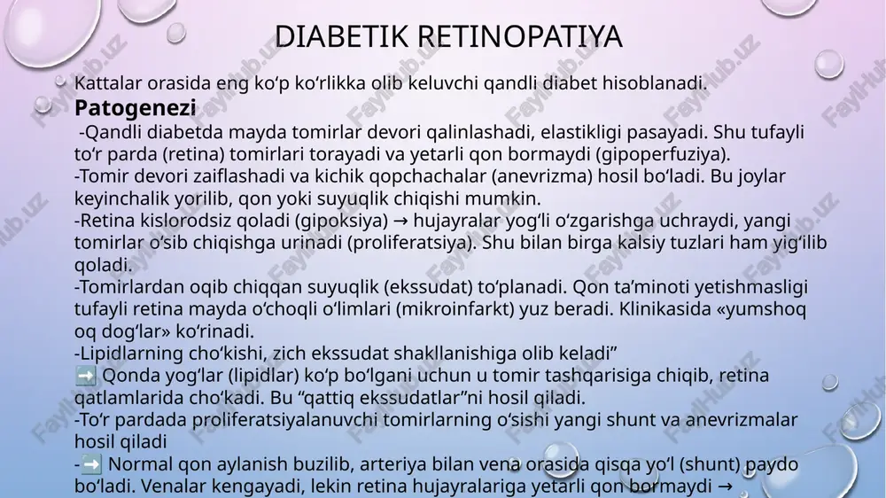 i buzilishi aniq ko‘rinadi. davolash diabetik retinopatiya uchun xavf omillari –gipertenziya ,giperglikemiya, nefropatiya, giperlipidemiya va chekishdir bu kasallikning oldini olish va davolashning samarali usuli lazer fotokoagulyatsiya hisoblanadi. buning mexanizmi yangi tomirlar xosil bo’lishining oldini olishdir. hjgfhgjnbhjgfhgjnbpreproliferativ, proliferativ bosqichlarida samarasi yuqori, kechki bosqichlarida bu usul orqali ko’rishni 10-12 yilga 60% ini asrab qolish mumkin. diabetik nefropatiya qd da buyraklar shikastlanishining spetsifik ko’rinishi bo’lib diabetic glomeruloskleroz va surunkali buyrak kasalligi(sbk) hisoblanadi. patogenezi doimiy giperglikemiya tufayli buyrak koptokchalariga olib keluvchi arteriolalar dilyatatsiya bo’ladi buyrak tomirlarining mikroangiopatiyasi bazal membrananing qalinlashishiga olib keladi, buyrak perfuziyasi buziladi, arterial bosim oshadi.olib chiquvchimarteriyalarning tonusining oshishi olib keluvchi arteriolalar dilyatatsiyasi natijasida koptokchalar bosimi oshadi va arterial bosim oshishiga ham turtki bo’ladi. birlamchi peshob ko’payishi koptokcha ichi gipertenziyasini kuchaytiradi. giperfiltratsiya glomerulyar filtr o’tkazuvchanligi buzilib mikroalbuminuriya keyinchalik sbk- proteinuriya rivojlanadi glomeruloskleroz tashxis kriteriyalari bosqichlari ta’riflari kftml/min/1,73m 1 yuqori va optimal >90 2 biroz pasaygan 60-89 3a ifodalangan pasayish 45-59 3b yaqqol …
