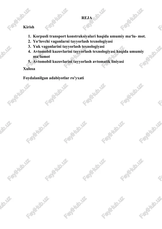 shlab chiqarishda qo‘llanilib kelingan. metallarni biriktirish bronza asrida vujudga kelgan. payvandlash usullari bu vaqt davomida juda sekin rivojlangan, shuning uchun payvandlash usullari va qo‘llaniladi- gan jihozlarning o‘zgarishini ko‘rish qiyin. 1802-yilda rus olimi akademik v.v. petrov elektr yoyini ixtiro qiladi va yoy yordamida metallarni qizdirish va suyuqlantirish mumkin- ligini isbotlaydi. 1882-yilda rus muhandisi n.n. benardos erimaydigan ko‘mir elektrodi bilan elektr yoyli payvandlash usulini ixtiro qildi. 1888- 1890 yillarda rus muhandisi n.g. slavyanov esa eriydigan metall elektrod yordamida payvandlash usulini taklif qildi. bu usullar hozirgi zamonda metallarni payvandlashda asos bo‘lib xizmat qilmoqda. 1. korpusli transport konstruksiyalari haqida umumiy ma‘lumot. avtomobil kuzovi, temir yo‘l vagonlari korpusli transport konstruksiyalari hisoblanadi. bu konstruksiyalar yassi yoki bukilgan listli elementlardan tashkil topadi, dinamik va vibratsion yuklanishga bardosh beradigan qattiq hajmli konstruksiyaga ega bo‘ladi. yo‘lovchi vagoni kuzovi yupqa listli (s=1,5-4 mm) tashqi obshivka 1 bilan qoplangan bukilgan z shakldagi profildan tashkil topgan asos-panjaraga 2 (13.1-rasm) ega. obshivka maxalliy …