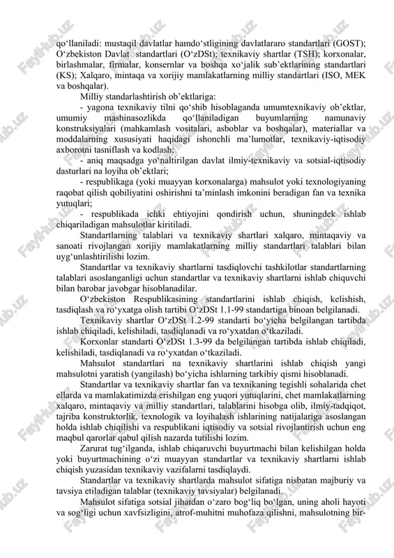 ari ko‘rib chiqadilar, tasdiqlaydilar, ularning qo‘llanilish muddatini cho‘zadilar va bekor qiladilar hamda unga o‘zgartirishlar kiritadilar. respublika standartlari va ularga o‘zgartirishlar tasdiqlanish darajasidan qat’iy nazar o‘zstandart agentligi davlat ro‘yxatidan o‘tkazilishi lozim. o‘zstandart agentligi respublikada standartlashtirish bo‘yicha ishlarga umumiy uslubiy rahbarlikni ta’minlaydi. sanoat va qishloq xo‘jaligi tarmoqlarida standartlashtirish bo‘yicha ishlarni tashkil qilish va muvofiqlashtirish uchun zarurat bo‘lgan hollarda, o‘zbekiston respublikasi vazirliklari, idoralari, uyushmalari, konsern-lari va boshqa xo‘jalik tuzilmalaridan bo‘linmalar (xizmatlar) va (yoki) fan va texnikaning tegishli sohalaridagi yuqori ilmiy-texnikaviy imkoniyatlarga ega bo‘lgan tashkilotlarda standartlashtirish bo‘yicha tayanch tashkilotlarida tuziladi. korxona rahbarlari korxonalarda standartlashtirish bo‘yicha ishlarning tashkil etilishi va bu ishlarning bajarilishi ahvoli uchun bevosita javobgardir. korxonalar zarur bo‘lganda standartlashtirish bo‘yicha bo‘linmalar (xizmatlar) konstruktorlik-texnologik yoki ilmiy-tadqiqot bo‘limi, laboratoriya, byuro tashkil etadi, ular korxonada standartlashtirish bo‘yicha ishlarga tashkiliy-usuliy va ilmiy-texnikaviy rahbarlikni amalga oshiradi, standartlashtirish bo‘yicha ilmiy-tekshirish va tajriba-konstruktorlik va boshqa ishlarni bajaradilar, korxonaning boshqa bo‘linmalari tomonidan o‘tkazilayotgan standartlashtirish ishlarini bajarishda ham qatnashadilar. korxonalar, muassasalar, tashkilotlarda …