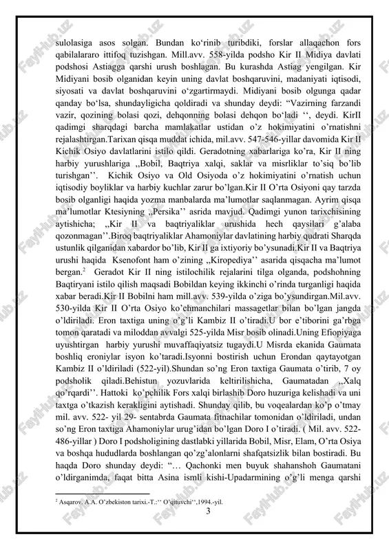 amoniylar davlatining harbiy qudrati sharqda ustunlik qilganidan xabardor bo’lib, kir ii ga ixtiyoriy bo’ysunadi.kir ii va baqtriya urushi haqida ksenofont ham o’zining ,,kiropediya’’ asarida qisqacha ma’lumot bergan.[footnoteref:2] geradot kir ii ning istilochilik rejalarini tilga olganda, podshohning baqtiryani istilo qilish maqsadi bobildan keying ikkinchi o’rinda turganligi haqida xabar beradi.kir ii bobilni ham mill.avv. 539-yilda o’ziga bo’ysundirgan.mil.avv. 530-yilda kir ii o’rta osiyo ko’chmanchilari massagetlar bilan bo’lgan jangda o’ldiriladi. eron taxtiga uning o’g’li kambiz ii o’tiradi.u bor e’tiborini ga’rbga tomon qaratadi va miloddan avvalgi 525-yilda misr bosib olinadi.uning efiopiyaga uyushtirgan harbiy yurushi muvaffaqiyatsiz tugaydi.u misrda ekanida gaumata boshliq eroniylar isyon ko’taradi.isyonni bostirish uchun erondan qaytayotgan kambiz ii o’ldiriladi (522-yil).shundan so’ng eron taxtiga gaumata o’tirib, 7 oy podsholik qiladi.behistun yozuvlarida keltirilishicha, gaumatadan ,,xalq qo’rqardi’’. hattoki ko’pchilik fors xalqi birlashib doro huzuriga kelishadi va uni taxtga o’tkazish kerakligini aytishadi. shunday qilib, bu voqealardan ko’p o’tmay mil. avv. 522- yil 29- sentabrda gaumata fitnachilar tomonidan o’ldiriladi, …
