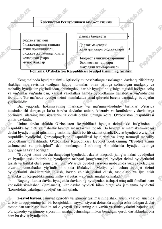 ashmagan model; · markazlashgan model; · aralash model. byudjet tuzilishining markazlashmagan modelida markaziy va mahalliy byudjetlar avtonom (mustaqil) bo‘lib, ularning har biri o‘z xarajatlarini to‘liq qoplay oladigan daromad manbalariga ega bo‘ladi. markazlashgan model barcha darajadagi byudjetlarni yagona davlat byudjetida birlashtirishni nazarda tutadi, bunda markaziy byudjet barcha mahalliy byudjetlar uchun (daromadlilik darajasini) tartibga soluvchi vazifani bajaradi. byudjet tuzilishining aralash modeli barcha darajadagi byudjetlarni yagona davlat byudjetida birlashtirishni nazarda tutadi, lekin bunda har bir yuqori turuvchi byudjet quyi byudjetlarning daromadlilik darajasini tartibga solish vazifasini bajargani holda, har bir mahalliy byudjetning ham o‘z xarajatlarini qoplashga mo‘ljallangan o‘z daromad manbalari mavjud bo‘ladi. federatsiya a’zolarining mavqeidan kelib chiqib byudjet qurilishi modeli ikkiga ajratiladi: · simmetrik (federatsiya a’zolarining tengligi kuzatiladi, aqsh, germaniya); · assimetrik (federatsiya a’zolarining 6 xil mavqei kuzatiladi, rossiya). byudjet qurilishiga demokratlashtirish va markazlashtirishning ta’siri nuqtai nazaridan ham ikki turi farqlanadi: · liberal-demokratik model (rossiya). ushbu model mustaqillik tamoyili asosida amalga oshiriladi; · ma’muriy-jamoaviy …