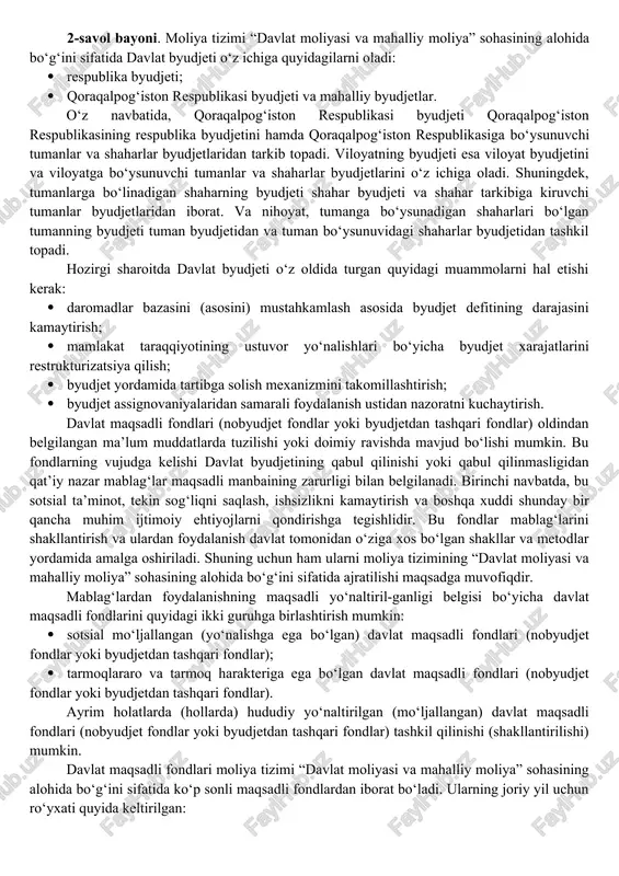 ulosa shuki, davlat byudjeti deyilganda, eng avvalo, ikki tushunchaning qo‘shilishini tushunmoq kerak: 1) davlat miqyosida yalpi ichki (milliy) mahsulotni taqsimlash natijasida vujudga keladigan iqtisodiy (moliyaviy) munosabatlar (iqtisodiy kategoriya); 2) shu kategoriyaning namoyon bo‘lish shakli sifatida davlatning asosiy moliyaviy rejasi. yalpi ichki (milliy) mahsulotni taqsimlashning moliyaviy instru-menti (vositasi) sifatida davlat byudjeti boshqa xususiyatlarga ham ega. agar moliya yordamida taqsimlash qiymatning shakllari o‘z-gargan sharoitda va ko‘plab oldi-sotdilar natijasida amalga oshi-rilsa, yalpi ichki (milliy) mahsulotning davlat byudjeti orqali taq-simlanishi ma’lum darajada, almashuvdan ajralgan holda sodir bo‘ladi. qiymatning davlat byudjeti orqali harakatlanishi mod-diy mahsulotning harakatidan to‘liq uziladi va sof qiymat harak-terini kasb etadi. faqat davlat byudjetidan tashqarida, byudjet re-surslari sarflanayotganda taqsimlash va almashuv operatsiyalari-ning qayta qo‘shilib ketishi sodir bo‘ladi. moliya tizimining boshqa barcha bo‘linmalari va iqtisodiy (mo-liyaviy) kategoriyalar (baho, ish haqi, kredit va boshqalar) bilan chambarchas bog‘liqligi ham davlat byudjetiga xos xususiyatdir. davlat byudjetining mohiyatini ochib berishda u orqali amalga oshiriladigan taqsimlash jarayonlarining mazmunini …