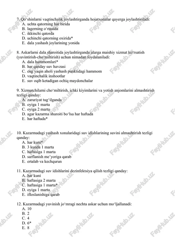 alab etiladigan havo hajmini joylashtirilgan xizmatchilar soniga bo‘lish 16. bir kunga 1 xizmatchi uchun belgilangan ovqat mahsulotlarining miqdori va tarkibiga nima deyiladi: a. kunlik oziq-ovqat me’yorlari* b. xizmatchilarning ovqatlanish me’yorlari c. xizmatchilarning fiziologik ovqatlanish me’yorlari d. kerak bo‘ladigan ovqatlanish ratsioni e. ovqat ratsionining muvozanatlashtirish 17. mdh armiyalarida necha turdagi payoklardan foydalanilanishni ko‘rsating: a. 10 b. 20 c. 30 d. 50 e. 40* 18. umumqo‘shinlar payogi tarkibiga necha nomdagi mahsulotlar kiritilganligini ko‘rsating: a. 20* b. 10 c. 30 d. 40 e. 50 19. keltirilganlardan qaysi mahsulotlar askarlarning quruq payoklari tarkibiga kirmaydi: a. suxarilar b. kontsentratlar* c. konservalar d. choy e. qand 20. h/x ovqatlanishini nazorat qilishdagi vazifalardan qaysi biri faqat tibbiy xizmat xodimi vazifasiga kirmaydi: a. taomnomani tuzish va xizmatchilarning ovqatlanishining sifatini baholash b. mahsulotlarning to‘g‘ri saqlanishi tashilishini nazorat qilish c. harbiy xizmatchilarning ovqatlanish taomnomasini tuzish * d. ovqat mahsulotlarining sifatini nazorat qilish e. tayyorlangan issiq ovqatlarning sifatini nazorat qilish 21. …