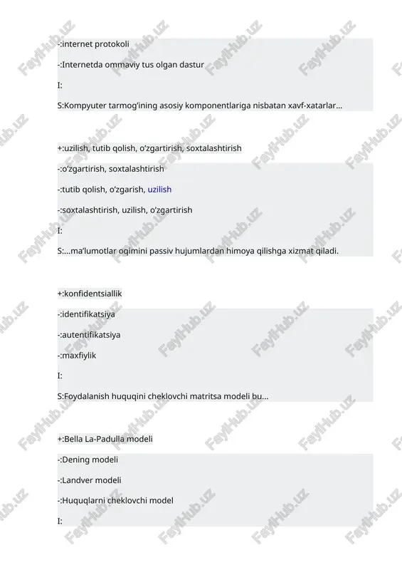 di -:axborotni qayta akslantirib himoyalash muammosi bilan shug’ullanadi -:kalitni bilmasdan shifrlangan matnni ochish imkoniyatlarini o’rganadi i: s:shifrlash atamasini belgilang. +:akslantirish jarayoni ochiq matn deb nomlanadigan matn shifrmatnga almashtiriladi -:kalit asosida shifrmatn ochiq matnga akslantiriladi -:shifrlashga teskari jarayon -:almashtirish jarayoni bo’lib: ochiq matn deb nomlanadigan matn o’girilgan holatga almashtiriladi i: s:blokli shifrlash tushunchasi nima? +:shifrlanadigan matn blokiga qo’llaniladigan asosiy akslantirish -:murakkab bo’lmagan kriptografik akslantirish -:axborot simvollarini boshqa alfavit simvollari bilan almashtirish -:ochiq matnning har bir harfi yoki simvoli alohida shifrlanishi i: s:simmetrik kriptotizmning uzluksiz tizimida … +:ochiq matnning har bir harfi va simvoli alohida shifrlanadi -:belgilangan biror uzunliklarga teng bo’linib chiqib shifrlanadi -:murakkab bo’lmagan kriptografik akslantirish orqali shifrlanadi -:ketma-ket ochiq matnlarni o’rniga qo’yish orqali shifrlanadi i: s:kriptotizimga qo’yiladigan umumiy talablardan biri nima? +:shifr matn uzunligi ochiq matn uzunligiga teng bo’lishi kerak -:shifrlash algoritmining tarkibiy elementlarini o’zgartirish imkoniyati bo’lishi lozim -:ketma-ket qo’llaniladigan kalitlar o’rtasida oddiy va oson bog’liqlik bo’lishi kerak -:maxfiylik o’ta …