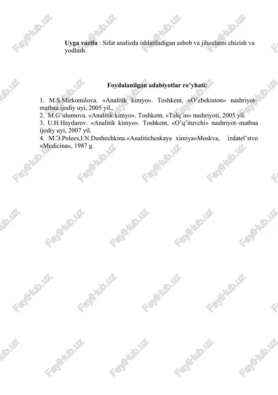 gidrofosfatlar nanh4hpo4·4 h2o ba’zi metallarning tuzlari bilan qizdirilganda rangli shishalar hosil bo‘lishi, shuningdek, tekshirilayotgan quruq moddani quruq na2co3 bilan k2co3 yoki na2co3 bilan kno3 va boshqa aralashmalarga qo‘shib qizdirish quruq usulda bajariladigan reaksiyalar qatoriga kiradi. alangani bo‘yash va rangli shisha hosil qilish usullari pirokimyoviy usul deb ataladi. bu usuldan mineral va tog‘ jinslarini aniqlashda ko‘p foydalaniladi. quruq usul bilan o‘tkaziladigan reaksiyalar yordamchi reaksiyalar hisoblanadi va undan dastlabki sinab ko‘rishlarda foydalaniladi. ko‘pincha sifat analizida ho‘l usul bilan o‘tkaziladigan, ya’ni moddalarning eritmalari o‘rtasida boradigan reaksiyalar ishlatiladi. buning uchun tekshiriladigan modda oldindan eritilgan bo‘lishi kerak. odatda, erituvchi sifatida suv ishlatiladi, agar modda suvda erimasa, kislotalarda eritiladi. kislotada eritilgan modda kimyoviy o‘zgarishga uchrab, suvda oson eriydigan biron tuzga aylanadi. sifat analizida faqat biror tashqi effekt, ya’ni reaksiyaning haqiqatan ham sodir bo‘layotganligini ko‘rsatuvchi o‘zgarishlar bilan boradigan reaksiyalardan foydalaniladi. odatda, bunday tashqi effektlar: a) eritma rangining o‘zgarishi; b) cho‘kma tushishi (yoki erib ketishi); d) gaz ajralib …