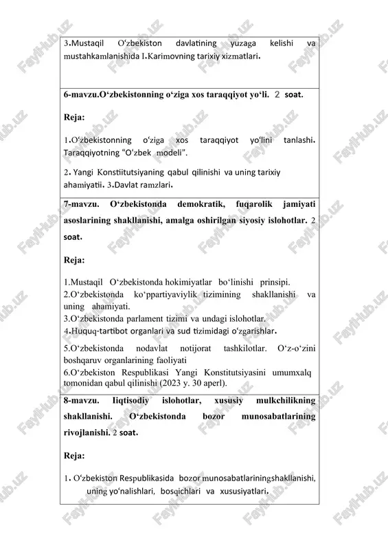 a’lim sohasida amalga oshirilgan o‘zgarishlar. 2 soat. reja: 1. “ta’lim to‘g‘risida”gi qonun va “kadrlar tayyorlash milliy dasturi”ning qabul qilinishi. 2.ta’limning milliy modelini shakllanishi, rivojlanishi va sohadagi muammolar. o‘zbekiston respublikasining “ta’lim to‘g‘risida”gi yangi tahrirdagi qonuni. 3.ta’lim sohasida xalqaro hamkorlikning yo‘lga qo‘yilishi: yutuqlar va kamchiliklar. 4.o‘zbekiston respublikasi oliy ta’lim tizimini 2030 yilgacha rivojlantirish konsepsiyasi. 11-mavzu. mustaqillik yillarida o’zbekistonning ma’naviy va madaniy taraqqiyoti. . 2 soat. reja: 1.yangi o‘zbekiston uchinchi renessans tomon tutilgan yo‘l. 2.milliy istiqlol g‘oyasi va mafkuraviy masalalar. milliy urf-odatlar, qadriyatlar va an’analarning qayta tiklanishi. 3.madaniyat va san’at sohasining rivojlanishi. 4.o‘zbekistonda millatlararo va dinlararo munosabatlardagi barqarorlikni ta’minlash borasidagi davlat siyosati. 12-mavzu. mustaqillik yillarida qoraqalpog‘iston respublikasi. 2 soat. reja: 1.mustaqillik yillarida qoraqalpog‘iston respublikasi ijtimoiy-iqtisodiy va siyosiy hayotida amalga oshirilgan islohotlar. 2.ma’naviy-madaniy sohadagi yangilanishlar. qoraqalpog‘iston respublikasi oliy ta’lim tizimi va undagi islohotlar. 3.qoraqalpog‘iston respublikasida ekologik ahvol. orol fojiasi. ekologik holatni yaxshilash borasidagi davlat siyosati. 4.o‘zbek va qoraqalpoqlar xalqi do‘st va birodar xalqlar. 13-mavzu. …