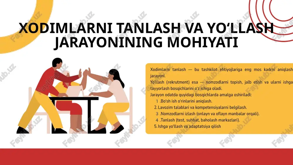atformada boshqariladi. zamonaviy hr tizimlari minglab rezyumelarni bir necha daqiqada tahlil qilib, kompaniya talablariga eng mos nomzodlarni tanlab beradi. shu orqali vaqt tejaladi, inson xatolari kamayadi va tanlovning aniqligi oshadi. employer branding – ish beruvchi imiji bugungi kunda har bir tashkilot “ish beruvchi brendi”ni rivojlantirishga katta e’tibor bermoqda. nomzodlar endi ish joyini tanlashda faqat maoshga qarab emas, balki kompaniya qadriyatlari, ijtimoiy mas’uliyati, ichki muhiti va obro‘siga qarab qaror qabul qilmoqda. shuning uchun kompaniyalar o‘z ijtimoiy tarmoqlarida hayotiy voqealar, xodimlarning fikrlari, jamoaviy tadbirlar, ijtimoiy loyihalar orqali ijobiy obraz yaratadi. bu jarayon “employer branding” deyiladi va u eng kuchli marketing vositasiga aylangan. kuchli ish beruvchi brendga ega kompaniyalar o‘zlari reklama qilmasdan ham iqtidorli xodimlarni jalb qiladi. chunki bu kompaniyalarda ishlash orzu hisoblanadi. bunday misollar orasida google, apple, coca-cola, toyota kabi yirik brendlar bor. o‘zbekiston sharoitida esa uzauto motors, beeline, artel, tbc bank kabi kompaniyalar brendga aylangan. xodimlarni baholash va tanlov jarayoni xodim …