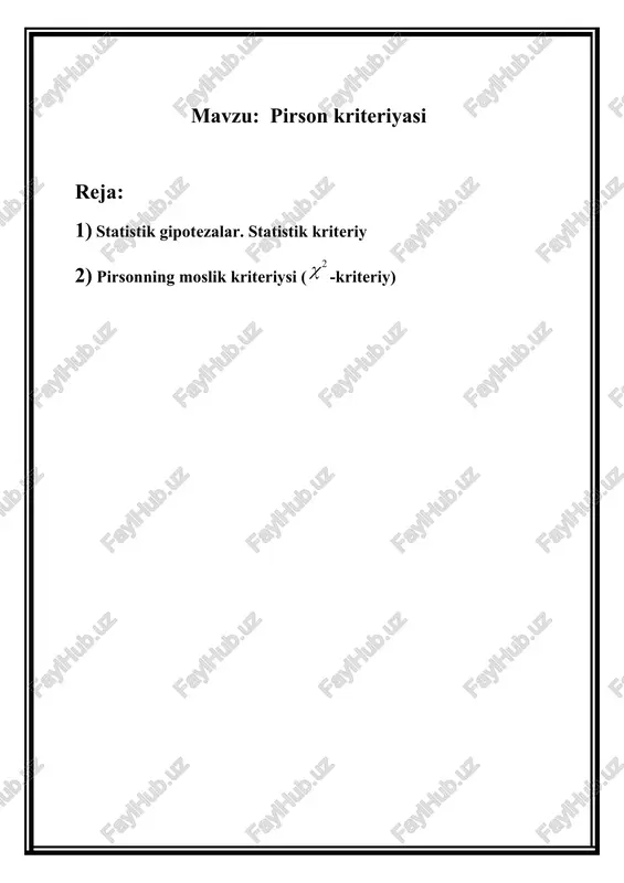 a haqiqatan ham to‘g‘ri bo‘lsa, gipoteza qabul qilinadi; 2) agar ilgari surilgan gipoteza haqiqatan ham noto‘g‘ri bo‘lsa, gipoteza qabul qilinmaydi. i tur xatolikka yo‘l qo‘yish ehtimoli bilan belgilanadi; u muhimlilik (qiymatdorlik) darajasi deb ataladi. ko‘p hollarda α = 0,05; α =0,01 deb olinadi. biz ma’lum taqsimot qonuniga bo‘ysinuvchi belgining noma’lum parametrlari haqida ilgari surilgan gipoteza statistik usulda qanday tekshirilishini ko‘rib chiqamiz. asosiy gipoteza ilgari surilgandan so‘ng, uning to‘g‘ri yoki noto‘g‘ri ekanligini tekshirib ko‘rish kerak bo‘ladi. shu maqsadda maxsus tanlangan, aniq, yoki taxminiy taqsimoti ma’lum bo‘lgan tasodifiy miqdor ishlatiladi. bu tasodifiy miqdorni k bilan belgilaymiz. 2-ta’rif. statistik kriteriy (yoki oddiygina kriteriy) deb, asosiy gipotezani tekshirish uchun xizmat qiladigan k -tasodifiy miqdorga aytiladi. masalan, agar normal taqsimot qonuniga ega x va y bosh to‘plamlarning dispersiyalari tengligi haqidagi gipoteza tekshirilayotgan bo‘lsa, u holda k kriteriy sifatida «tuzatilgan» tanlanma dispersiyalar nisbati olinadi: (1) turli tajribalarda dispersiyalar har xil, oldindan ma’lum bo‘lmagan qiymatlar qabul qilganligi …