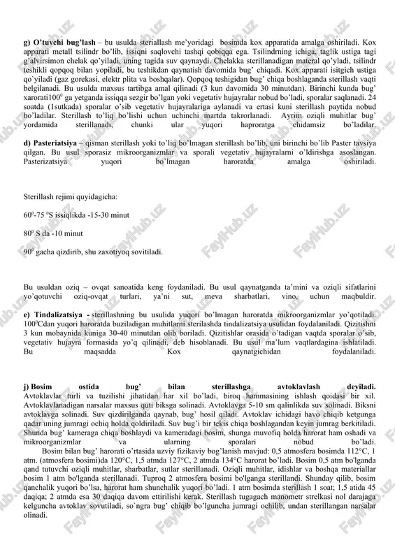 sterillash uchun yaroqsiz, chunki ular yuqori harorat ta’sirida buziladi. ularni sterillash asosan me’yoridagi yoki yuqori bosimli qaynab turgan suv bug’ida amalga oshiriladi. quritish shkaflar. a- zamonaviy shkaf: b- paster pechkasi. skaf korpus, taglik, ishchi kamera, tokchalar, shkaf eshigi, termometr uchun tuynik, signal lampasi, o’chirgich va termoligulyator dastasidan iborat. v) qaynatish – ayrim buyumlar (metall asboblar, fil’trli membranalar) distirlangan suvda uzoq qaynatish davomida sterillanadi. mikrobiologik amaliyotda bu usul kam ishlatiladi, chunki uzoq qaynatish olinadigan materialga putur etkazishi mumkin, kam vaqtda esa material to`liq sterillanmaydi, chunki ayrim mikroorganizmlar sporalari qaynatishdan keyin ham bir necha soat yashaydi. g) o’tuvchi bug’lash – bu usulda steriallash me’yoridagi bosimda kox apparatida amalga oshiriladi. kox apparati metall tsilindr bo’lib, issiqni saqlovchi tashqi qobiqqa ega. tsilindrning ichiga, taglik ustiga tagi g’alvirsimon chelak qo’yiladi, uning tagida suv qaynaydi. chelakka sterillanadigan materal qo’yladi, tsilindr teshikli qopqoq bilan yopiladi, bu teshikdan qaynatish davomida bug’ chiqadi. kox apparati isitgich ustiga qo`yiladi (gaz …