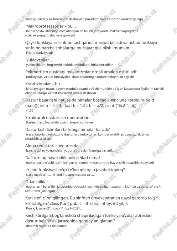 (){ int a = 5 ¦ 3; float b = 1.5f; b -= a/2; printf("%.2f", b);} -1.50 strukturali dasturlash operatorlari if,else, then, for, while, swich, break, continue dasturlash tizimlari tarkibiga nimalar karadi? translyatorlar, kutubxona dasturlari, redaktorlar, kompanovshiklar, zagruzchiklar va otladchiklar kiradi aloqa redaktori chegarasida ..... barcha adres yo‘nalishlari yagona adreslar fazosiga o‘rnatiladi dasturning hayot sikli bosqichlari nima? dastur bosib o‘tishi lozim bo‘lgan jarayonlarni dasturning hayot sikli bosqichlari deyiladi friend funksiyasi to‘g‘ri e’lon qilingan javobni toping? class myclass { ….. friend int sum(myclass x); …. }; otladchiklar ... dasturlarni bajarilish jarayonida uchrashi mumkin bo‘lgan xatolarni kidirish va bartaraf etish uchun mo‘ljallangan kun sinfi e’lon qilingan. bu sinfdan obyekt yaratish qaysi qatorda to‘g‘ri ko‘rsatilgan? class kun{ public: int sana; int oy; int yil; }; kun k; k.sana=21; k.oy=11; k.yil=2021; kechiktirilgan bog‘lanishda chaqiriladigan funksiya-a’zolar adreslari dastur bajarilishi jarayonida qanday aniqlanadi? dinamik ravishda aniqlanadi funksiya ichida e’lon qilingan o‘zgaruvchilarni – global o‘zgaruvchilar deyiladi assembler …