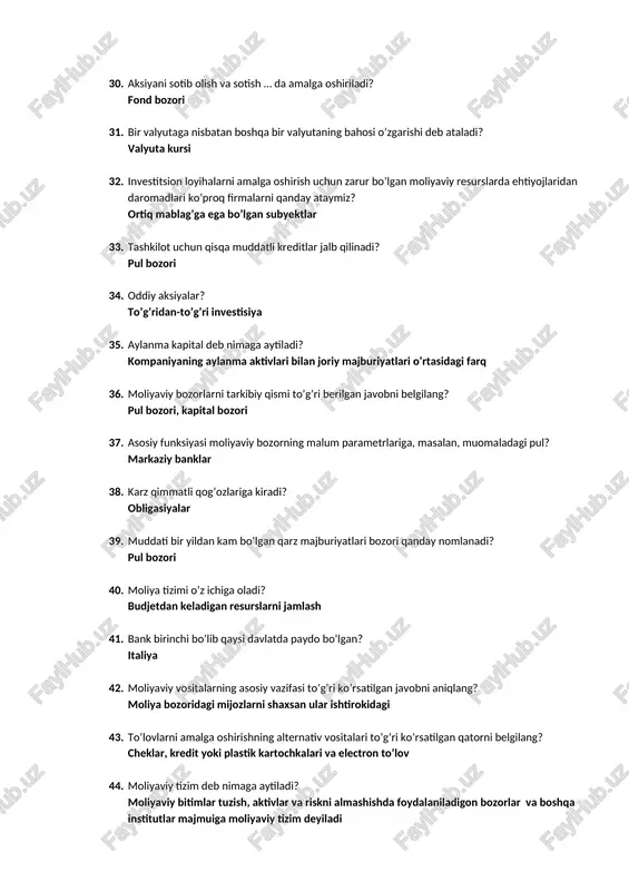 niqlang? moliya bozoridagi mijozlarni shaxsan ular ishtirokidagi 43. to’lovlarni amalga oshirishning alternativ vositalari to’g’ri ko’rsatilgan qatorni belgilang? cheklar, kredit yoki plastik kartochkalari va electron to’lov 44. moliyaviy tizim deb nimaga aytiladi? moliyaviy bitimlar tuzish, aktivlar va riskni almashishda foydalaniladigon bozorlar va boshqa institutlar majmuiga moliyaviy tizim deyiladi 45. moliya pul fondlarini shakllantirish, taqsimlash va undan foydalanish bilan bog’liq iqtisodiy munosabatlar yig’indisi 46. soliqqa tortishni baxolashda to’g’ridan to’g’ri (bevosita) k.marks 47. boylikni nisbatan tekisroq (tengroq) c.mill 48. o’zining “xalqlar boyligining tabiati va sabablari to’g’risida tadqiqot” deb a.cmit 49. soliq konsefsiyasi, u grafik model asosida soliqlarning yuqori stavkalari iqtisodiy o’sishning suratlarini pasaytiradi? a.leffer 50. proteksionizm siyosatiga (masalan, donni import qilish bo’yicha ingliz yuqori bojxona j.cicmondi 51. ingliz tadqiqotchisi daromad soliqini istemol solig’i bilan almashtirish g’oyasini rivojlantirgan h.kaldor 52. soliqqa tortishning to’qqiz prinspini ishlab chiqdi va ularni 4 ta guruxlarga birlashtirgan olim? a.vagner 53. mexnatning qiymat nazariyasidan kelib chiqqan xolda u barcha soliqlar …