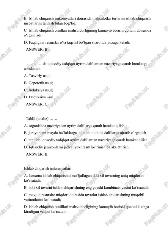 ogiyasi yaxshilanadi; d. turmush kechirish farovonligi ortadi. answer: b alternativ (muqobil) xarajatlar nimani anglatadi? a. resurslardan eng samarali foydalanishni; b. resurslarni isrofgarchilik bilan sarflash evaziga xarajatlar ortib ketishini; c. resurslardan eng samarali foydalanish bilan bog‘liq muqobil variantdan voz kechish natijasida boy berilgan imkoniyatni (foydani); d. biror resurs o‘rniga uning o‘rnini bosuvchi boshqa resursdan foydalanishni answer: c ne’matlarning noyobligi nimani anglatadi? a. iqtisodiy sub’ektlardagi mavjud resurslar zaxiralarining shu ne’matlarga ehtiyoj sezgan iste’molchilar ehtiyojini qondira olmasligini ; b. ne’matning oliy kategoriyali tovarlarga mansubligini; c. ne’matning tarixiy qadr-qimmatini; d. ne’mat narxining muvozanat narxidan yuqoriligini. answer: a iqtisodiy resurslar to‘liq ko‘rsatilgan qatorni belgilang: a. xomashyo va materiallar, butlovchi qismlar, yoqilg‘i va energiya resurslari; b. binolar, inshootlar, uzatuvchi qurilmalar, kapital, er, transport vositalari; c. kapital, texnologiya, mahsuldor va ishchi hayvonlar, ko‘p yillik daraxtzorlar; d. er, mehnat, kapital, tadbirkorlik qobiliyati va axborot. answer: d bir-birini o‘rnini bosuvchi ne’matlar: a. cheklangan resurslar turlarini anglatadi; b. shaxs yoki …