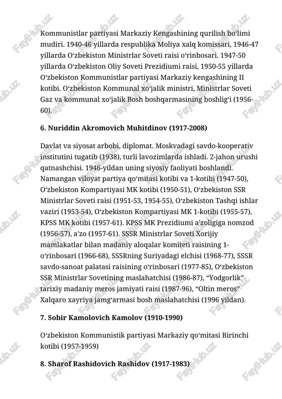 institutining arxitektura fakultetini tugatgan (1955). marg‘ilon shahri bosh me'mori (1959), farg‘ona viloyati partiya komiteti instruktori (1960), farg‘ona viloyati ijroiya qo‘mitasi boshqarma boshlig‘i (1961), farg‘ona shahri ijroiya qo‘mitasi raisi (1962-64), sirdaryo viloyati partiya komiteti kotibi (1965-69), kpss mk instruktori (1969-72), namangan viloyati ijroiya qo‘mitasi raisi (1972-74), andijon viloyati partiya komiteti 1-kotibi (1974-78), o‘zbekiston ssr oliy soveti prezidiumi raisi (1978-83). o‘zbekiston kompartiyasi mk 1-kotibi (1983-88). i. usmonxo‘jayev respublikaga rahbarlik qilgan yillarda siyosiy va iqtisodiy vaziyat yomonlashdi, u qat'iyatsizligi va jur'atsizligi tufayli markazning tazyiqiga dosh bera olmay, 1984-88-yillarda o‘zbekistonning ko‘plab xo‘jalik va partiya arboblarini “paxta ishi” va “o‘zbeklar ishi” degan soxta siyosiy ayblovlar natijasida qatag‘on qilinishiga, xalqning milliy g‘ururi va qadriyatlari kamsitilishiga yo‘l qo‘yib berdi. 10. rafiq nishonovich nishonov (1926 y.da tug‘.) siyosat va jamoat arbobi. 1951 yildan tuman partiya komiteti kotibi, toshkent shahri partiya komiteti bo‘lim mudiri, toshkent shahri ijroiya qo‘mitasi raisi. o‘zbekiston kp mk kotibi (1963-70). 1970 yildan shri lanka respublikasi …