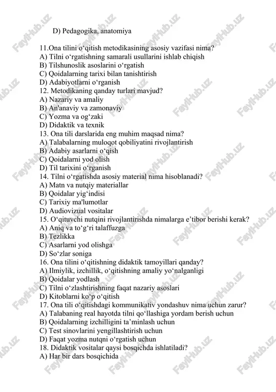 g tarixi bilan tanishtirish d) adabiyotlarni o‘rganish 12. metodikaning qanday turlari mavjud? a) nazariy va amaliy b) an'anaviy va zamonaviy c) yozma va og‘zaki d) didaktik va texnik 13. ona tili darslarida eng muhim maqsad nima? a) talabalarning muloqot qobiliyatini rivojlantirish b) adabiy asarlarni o‘qish c) qoidalarni yod olish d) til tarixini o‘rganish 14. tilni o‘rgatishda asosiy material nima hisoblanadi? a) matn va nutqiy materiallar b) qoidalar yig‘indisi c) tarixiy ma'lumotlar d) audiovizual vositalar 15. o‘qituvchi nutqini rivojlantirishda nimalarga e’tibor berishi kerak? a) aniq va to‘g‘ri talaffuzga b) tezlikka c) asarlarni yod olishga d) so‘zlar soniga 16. ona tilini o‘qitishning didaktik tamoyillari qanday? a) ilmiylik, izchillik, o‘qitishning amaliy yo‘nalganligi b) qoidalar yodlash c) tilni o‘zlashtirishning faqat nazariy asoslari d) kitoblarni ko‘p o‘qitish 17. ona tili o‘qitishdagi kommunikativ yondashuv nima uchun zarur? a) talabaning real hayotda tilni qo‘llashiga yordam berish uchun b) qoidalarning izchilligini ta’minlash uchun c) test sinovlarini yengillashtirish uchun …