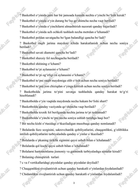 necha soniya beriladi? ? basketbol to‘pni yon chiziqdan o‘yinga kiritish uchun necha soniya beriladi? ? basketbolda jarima to‘pini savatga tashlashda qanday harakat to‘g‘ri hisoblanadi? ? basketbolda o‘yin vaqtida maydonda necha hakam bo‘lishi shart? ? basketbolda qanday vaziyatda qo‘shimcha vaqt beriladi? ? basketbolda texnik fol berilganda nechta jarima to‘pi tashlanadi? ? basketbolda’o‘yinchi to‘pni necha soniya ushlab turishga haqi bor? ? bir necha kishi o’rtasidagi o‘tkaziladigan musobaqa qanday nomlanadi? ? bolalarda fazo sezgisini, sakrovchanlik qobiliyatlarini, chaqqonlikni, g‘oliblikka intilish qobiliyatlarini tarbiyalashda qanday o`yinlar o`tkaziladi? ? bolalarda o`pkaning tiriklik sigimini qaysi asbob bilan o`lchalanadi? ? bolalarda qol kuchi qaysi asbob bilan o`lchalanadi? ? bolalarni hartomonlama jismoniy va garmonik tarbiyalashga nimalar kiradi? ? bolaning chiniqtirish turlari ? c va f vertikallaridagi piyodalar qanday piyodalar deyiladi? ? chaqqonlikni rivojlantirish uchun qanday harakatli o‘yinlardan foydalaniladi? ? chidamlikni rivojlantirish uchun qanday harakatli o‘yinlardan foydalaniladi? ? davolash gimnastika gimnastikaning qaysi turlari kiradi? ? dmtdagi bolalar bilan mashg‘ulot olib borishda …