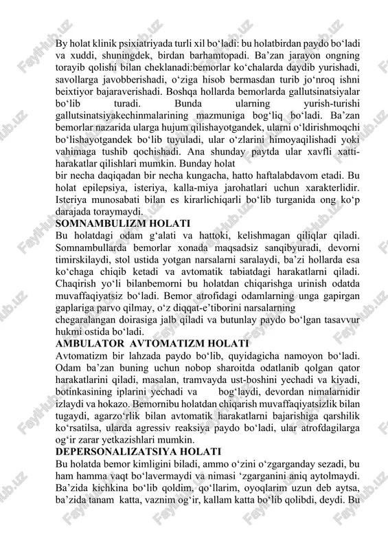 shilarga oxshab korinadi.bemor joy, vaqt va oz shaxsini toliq bolmagan, ikki xil tushunishi bilan xarakterlanadi. amentiv holat es-hushning amentiv tarzda buzilishida bemorlar atrofidagivaziyatni tamomila anglamaydi va o‘zining kimligini bilmayqoladi. ular atrofidagi hodisalar bilan narsalar o‘rtasidagibog‘lanishlarni tushunishmaydi. ba’zan bemorlar besaranjom bo‘ladilar, lekin bunda, odatda, o‘rinda yotavermaydilar.uzuq-yuluq gallutsinatsiyalar bo‘lib turishi mumkin. savollargabemorlar javob berishmaydi. ularning nutqlari bema’ni bo‘ladi. amentiv holat bir necha haftagacha cho‘zilishi mumkin. bunday holat, odam darmoni qurib cho‘pday ozibketganida, infeksiyalar, intoksikatsiyalarda uchraydi. es-hushi kirarli-chiqarli bo‘lib turadigan holat by holat klinik psixiatriyada turli xil bo‘ladi: bu holatbirdan paydo bo‘ladi va xuddi, shuningdek, birdan barhamtopadi. ba’zan jarayon ongning torayib qolishi bilan cheklanadi:bemorlar ko‘chalarda daydib yurishadi, savollarga javobberishadi, o‘ziga hisob bermasdan turib jo‘nroq ishni beixtiyor bajaraverishadi. boshqa hollarda bemorlarda gallutsinatsiyalar bo‘lib turadi. bunda ularning yurish-turishi gallutsinatsiyakechinmalarining mazmuniga bog‘liq bo‘ladi. ba’zan bemorlar nazarida ularga hujum qilishayotgandek, ularni o‘ldirishmoqchi bo‘lishayotgandek bo‘lib tuyuladi, ular o‘zlarini himoyaqilishadi yoki vahimaga tushib qochishadi. ana shunday paytda ular xavfli …