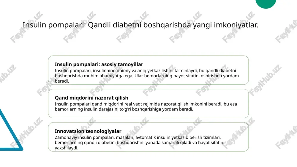 diabetni boshqarish texnologiyalari, jumladan, insulin pompalari va freestyle libre tizimlari, sog'liqni saqlashda innovatsiyalarni taqdim etmoqda. raqamli texnologiyalar, mobil ilovalar va masofadan nazorat qilish imkoniyatlari orqali diabetni boshqarishni yanada qulay va samarali qilishga yordam bermoqda. o'zbekistonda diabetni boshqarish texnologiyalarining rivojlanishi, bemorlar uchun xizmat sifatini oshirish, shuningdek, xalqaro tajribalarni o'zlashtirishga imkon bermoqda. insulin pompalari va ularning o'zbekistondagi qo'llanilishi. insulin pompalari o'zbekistonda diabetni boshqarishning samarali usuli sifatida keng tarqalmoqda. ular qon shakarini nazorat qilishda, bemorlarning hayot sifatini oshirishda muhim rol o'ynaydi. mamlakatda insulin pompalari yordamida davolashni joriy etish, bemorlar uchun qulaylik va moslashuvchanlikni ta'minlaydi. freestyle libre tizimini o'zbekistonda joriy etish imkoniyatlari. 1 freestyle libre tizimi freestyle libre — qand miqdorini doimiy nazorat qilish uchun innovatsion tizim bo'lib, u bemorlarga qulaylik va aniqlik taqdim etadi. 2 o'zbekistondagi imkoniyatlar o'zbekistonda freestyle libre tizimini joriy etish, qandli diabet bilan kurashishda yangi imkoniyatlar yaratadi, bemorlarning hayot sifatini oshiradi. 3 moliya va ta'minot tizimning keng ko'lamda ta'minotini ta'minlash …